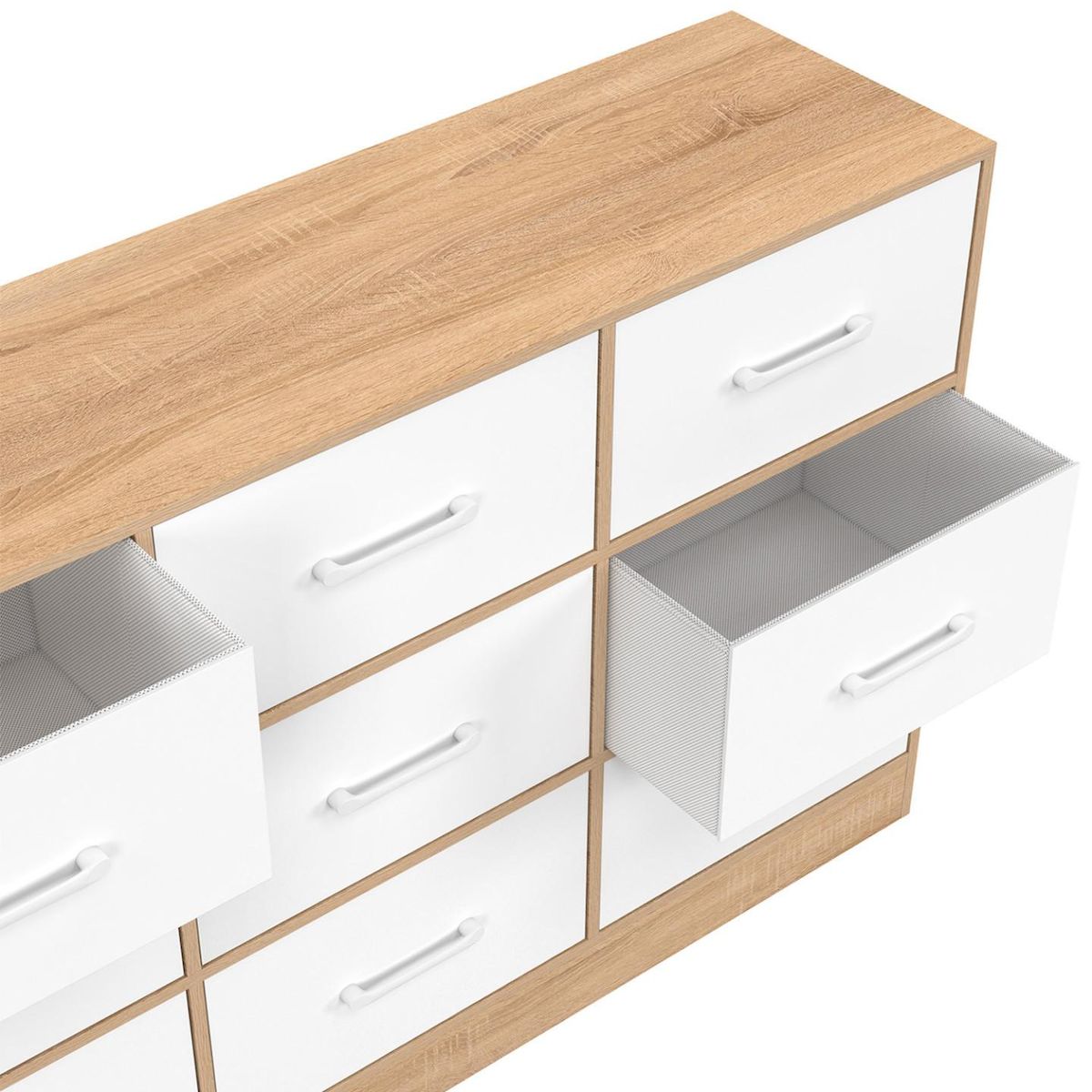 ID MARKET Commode 9 tiroirs en tissu UPPAH 113 cm meuble de rangement bois façon hêtre et blanc