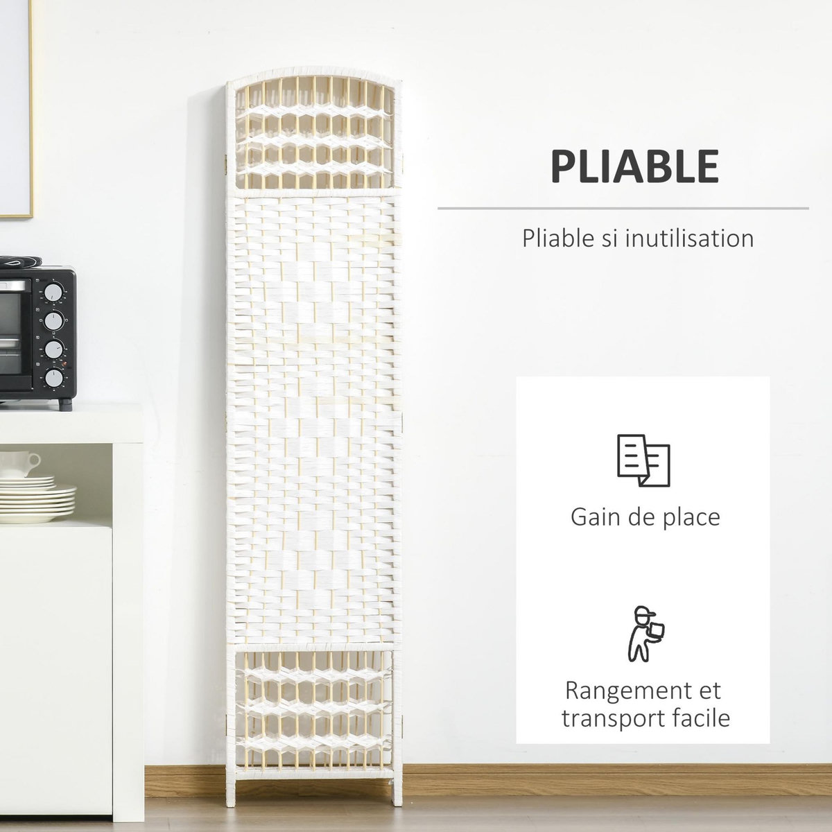 HOMCOM Paravent intérieur 6 panneaux pliables séparateur de pièce bois de peuplier bambou fibres de papier tressée blanc paille