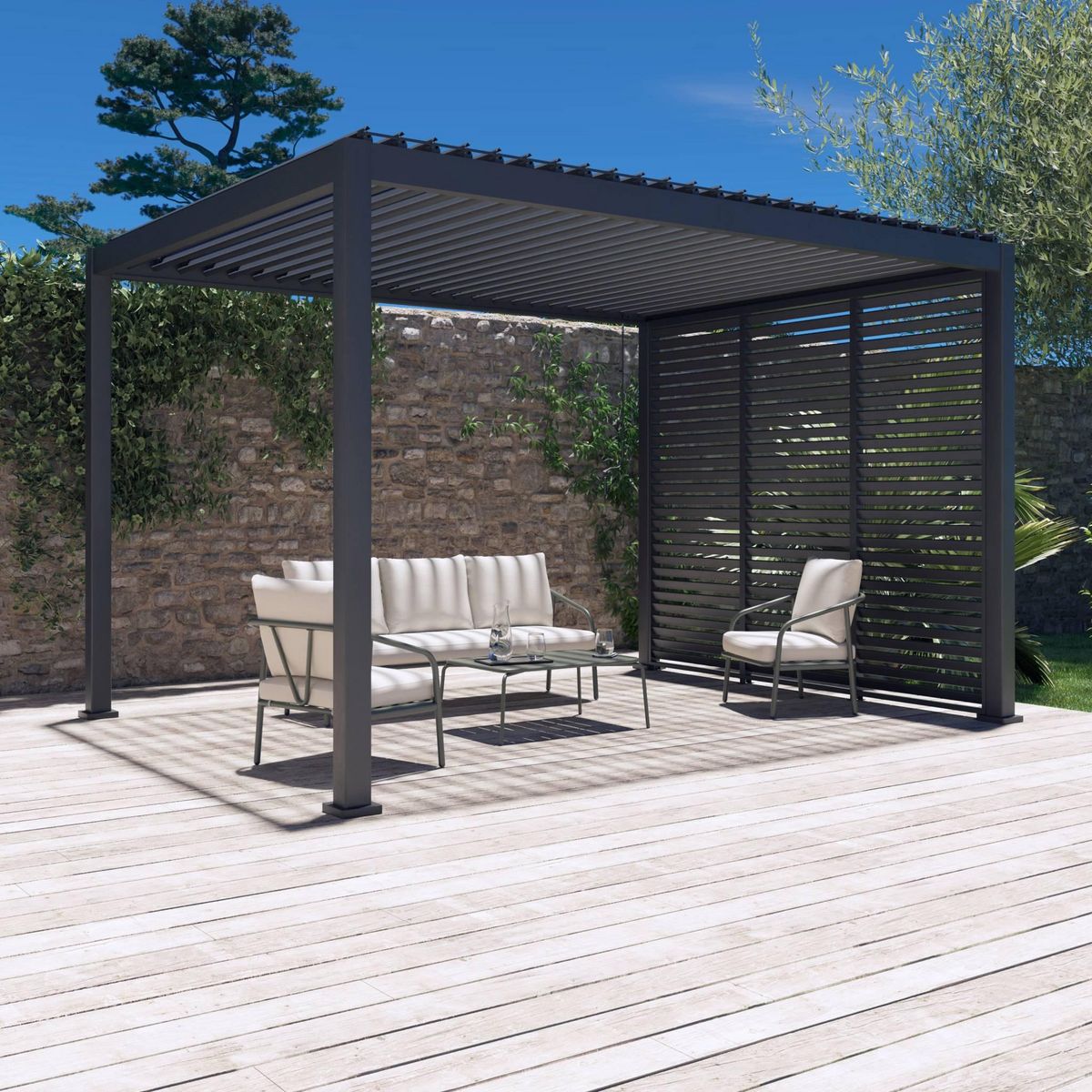 SWEEEK Pergola bioclimatique Triomphe 3x4 + 3 persiennes 100cm pour le côté de 3m. panneau brise vue. L 400 x P 300 x H 250 cm