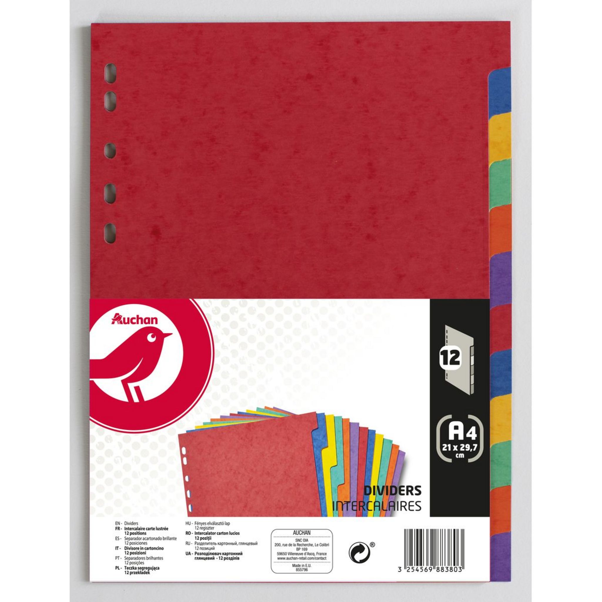 AUCHAN Lot de 12 intercalaires A4 carte lustrée coloris assortis