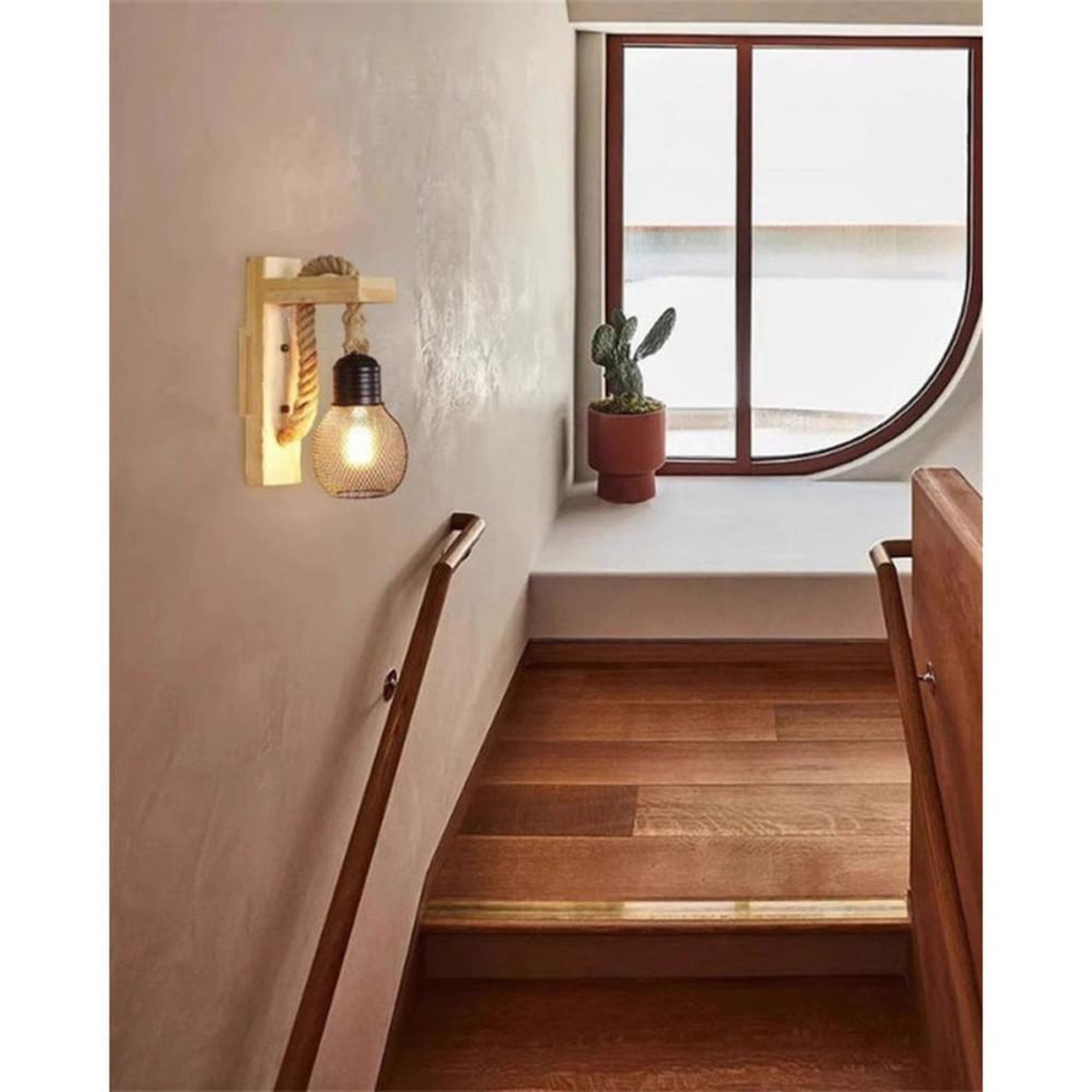 Voir la diapositive 5 : Applique murale rétro en bois de pin massif et corde de chanvre tressée, abat-jour grille métal noir, culot E27