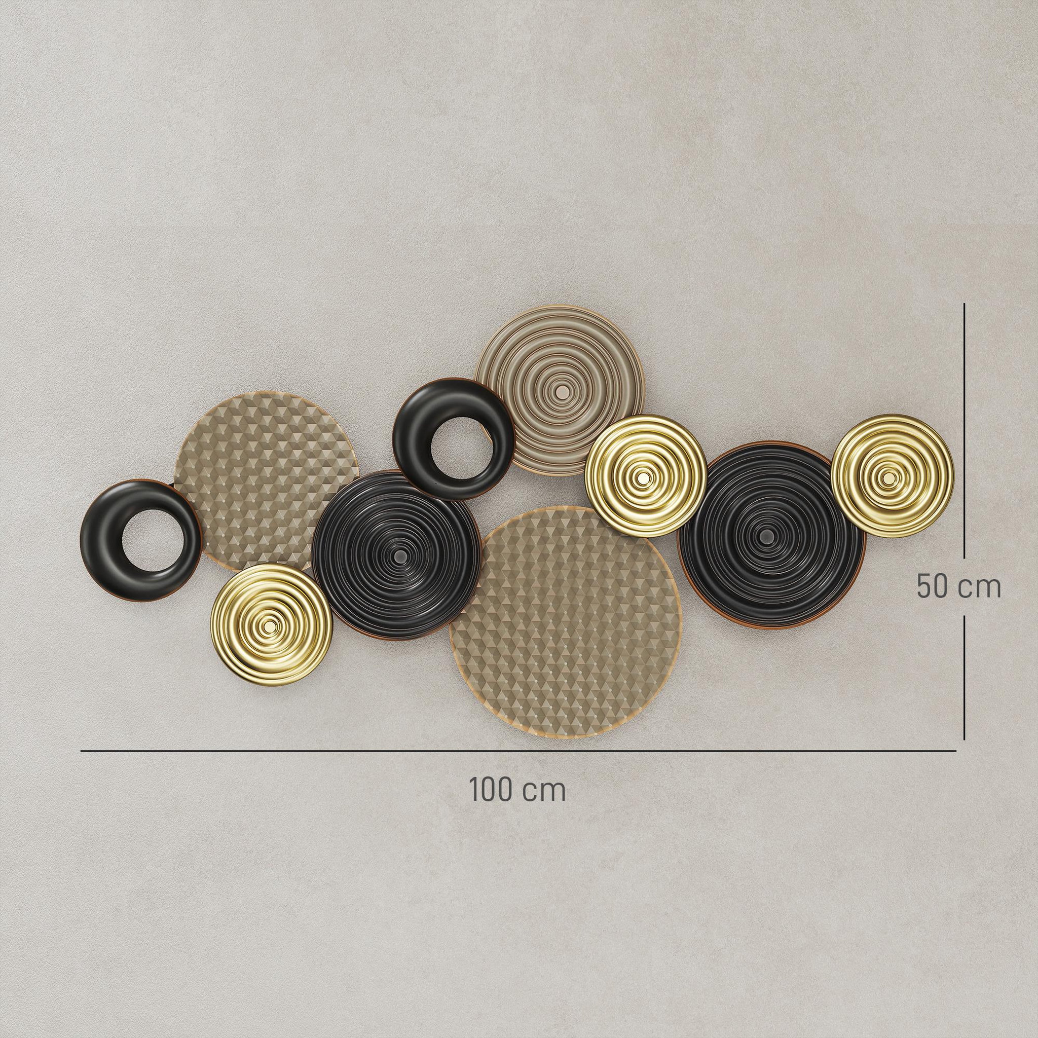 Voir la diapositive 3 : HOMCOM Décoration murale métal doré géométrique 10 disques 100 x 50 cm tricolore noir doré taupe clair