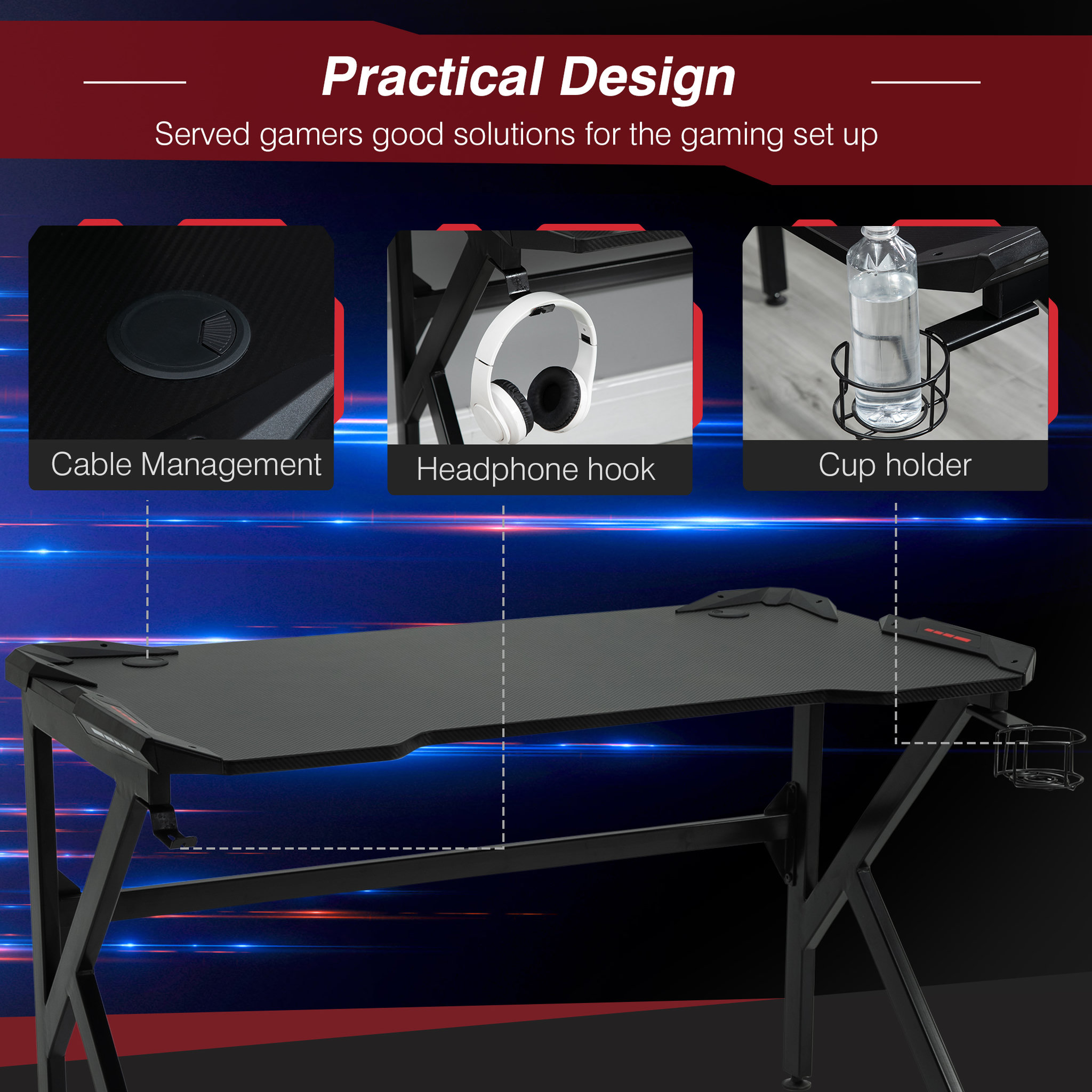 Voir la diapositive 6 : HOMCOM Bureau gaming bureau gamer bureau informatique support casque porte-gobelet passe-câbles inclus métal MDF texture fibre carbone noir
