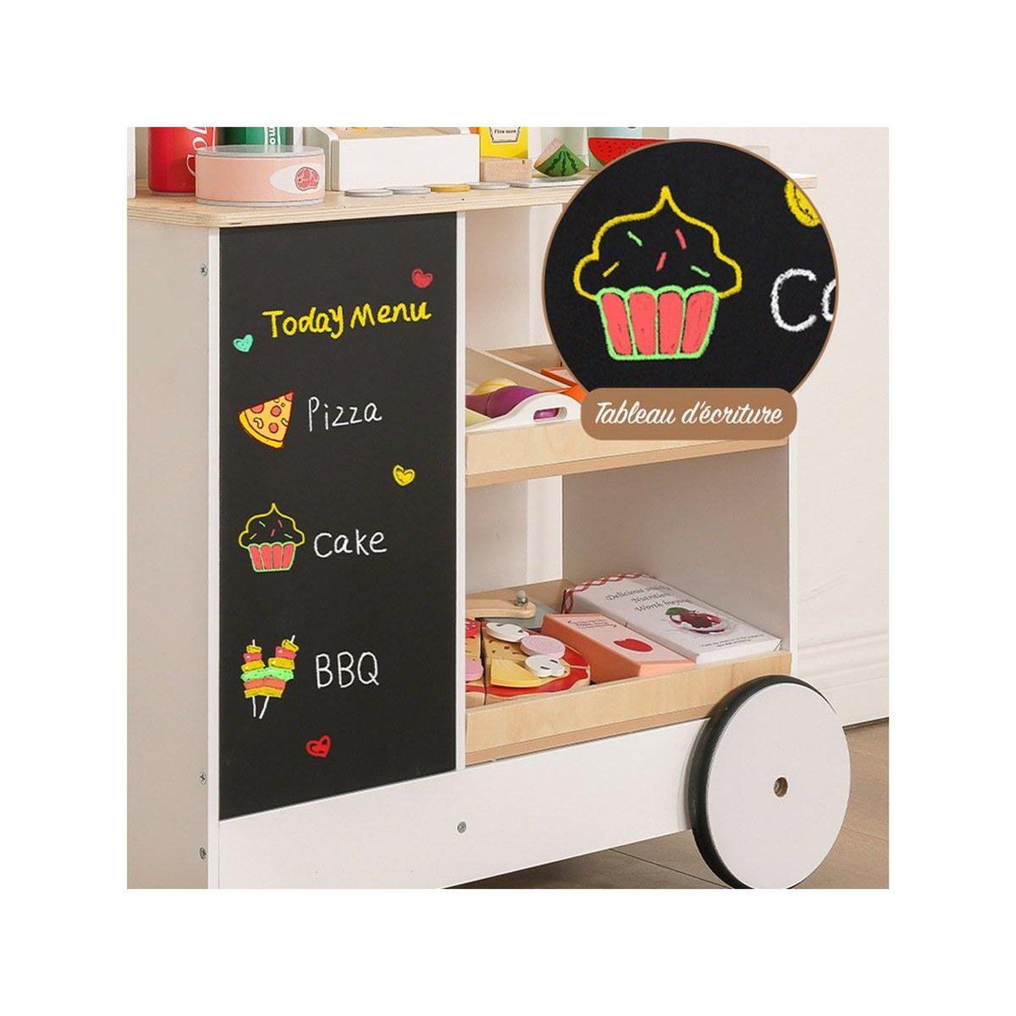 Voir la diapositive 4 : 1001JOUETS Stand de Snacking en Bois - Avec Accessoires et Tableau Noir - 110 cm