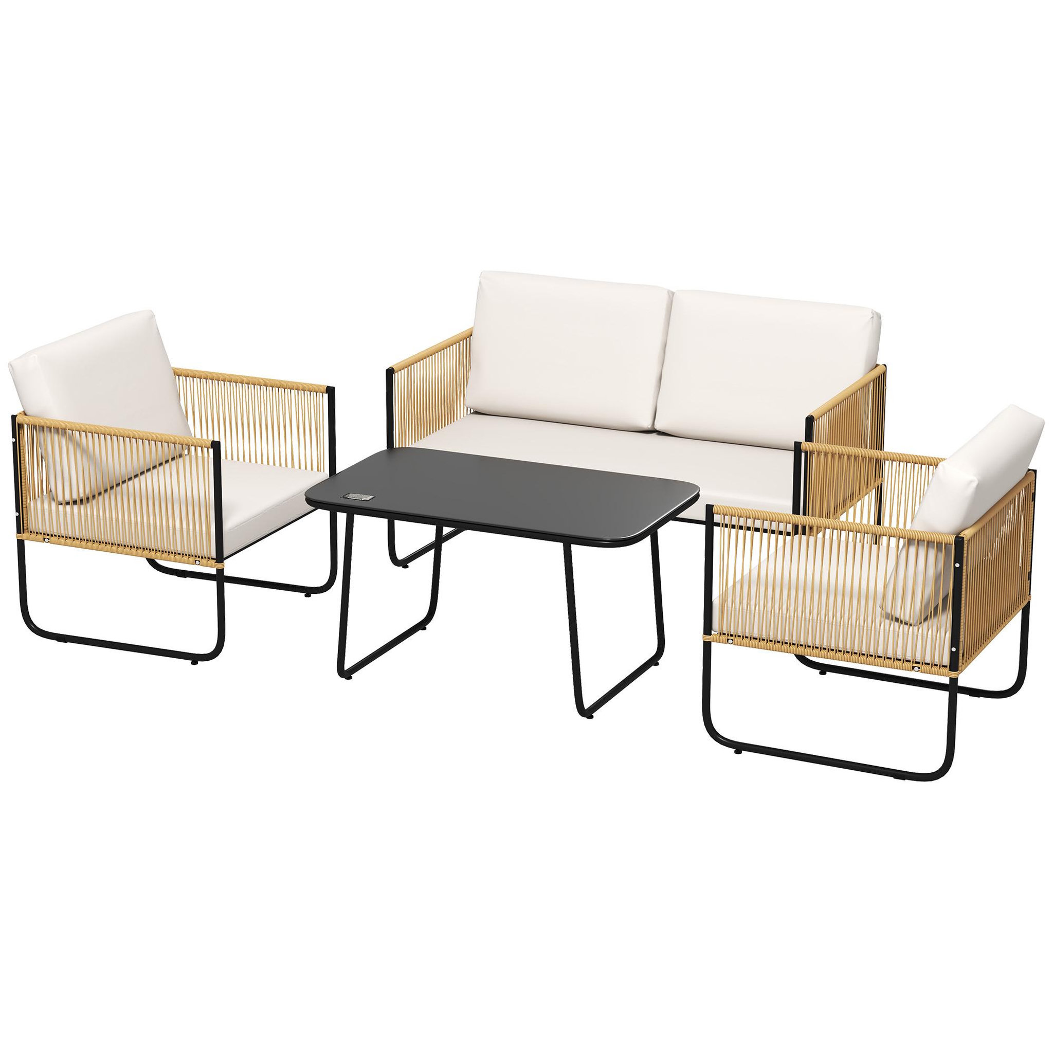 OUTSUNNY Salon de jardin 4 personnes 4 pièces style colonial acier noir résine filaire naturel