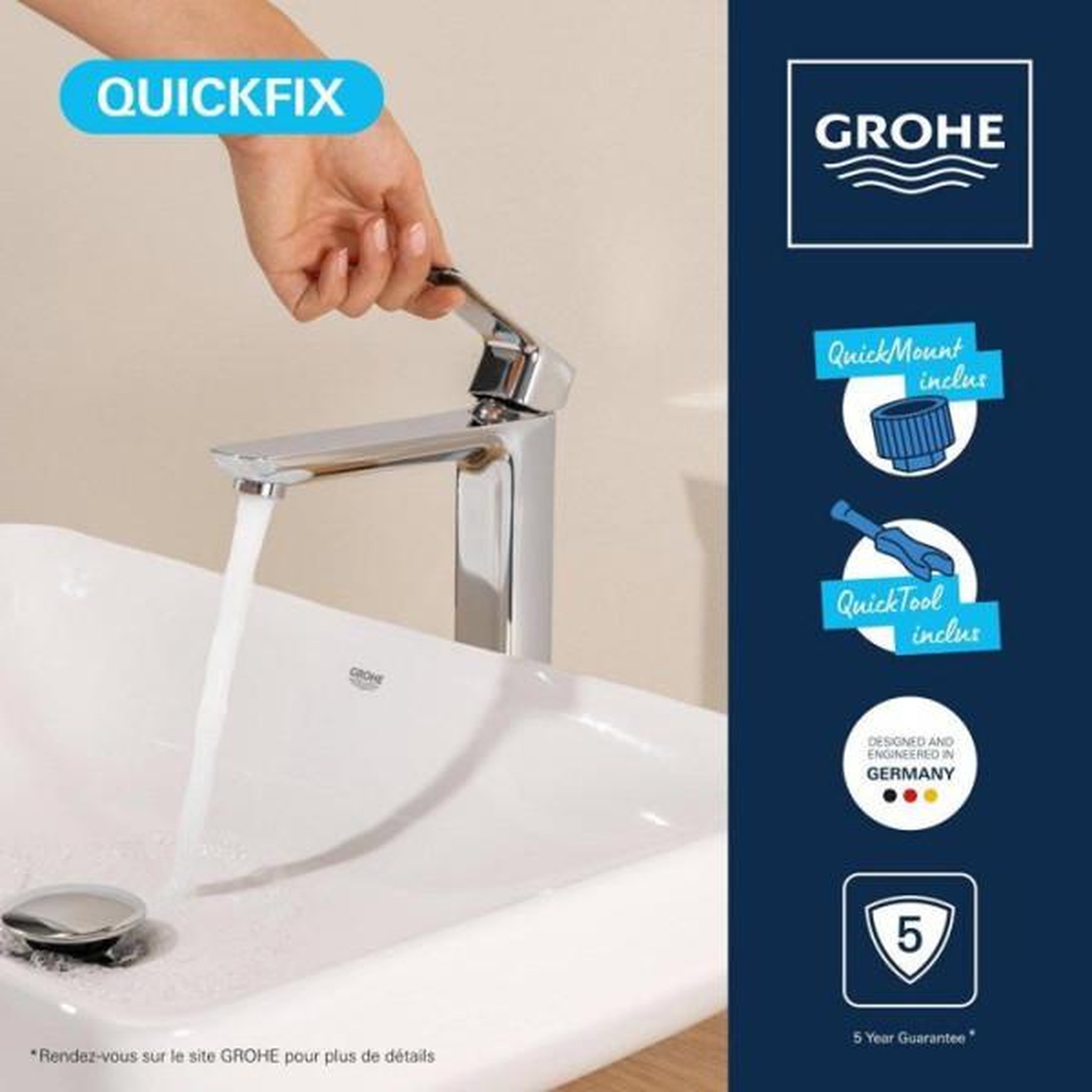 Voir la diapositive 5 : Grohe Mitigeur de lavabo - grohe dice - taille xl - corps lisse sans vidage - chrome