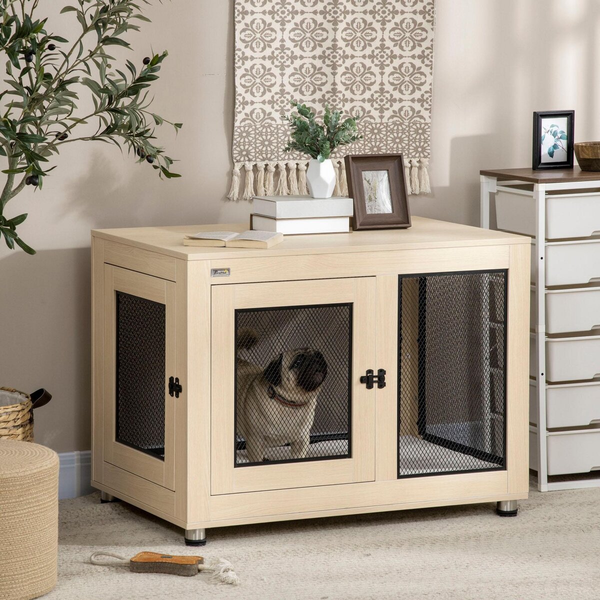 PAWHUT Cage pour chien sur pied style industriel - 2 portes verrouillables, coussin inclus - acier maillé noir panneaux aspect bois clair