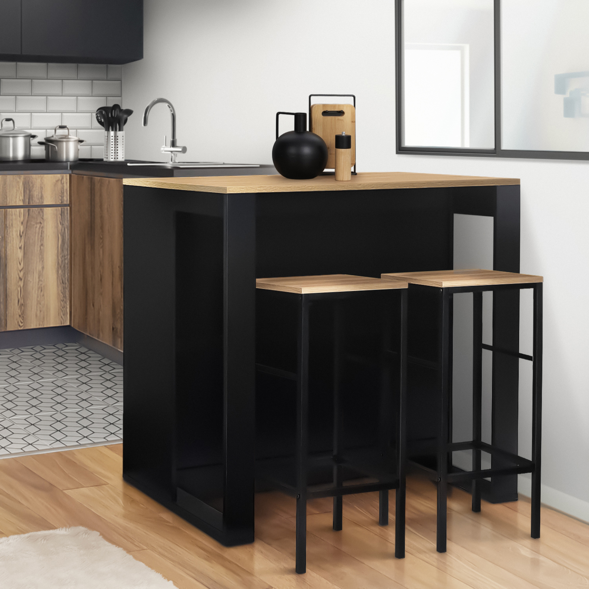Voir la diapositive 2 : ID MARKET Table de bar îlot juno bois noir et plateau façon hêtre