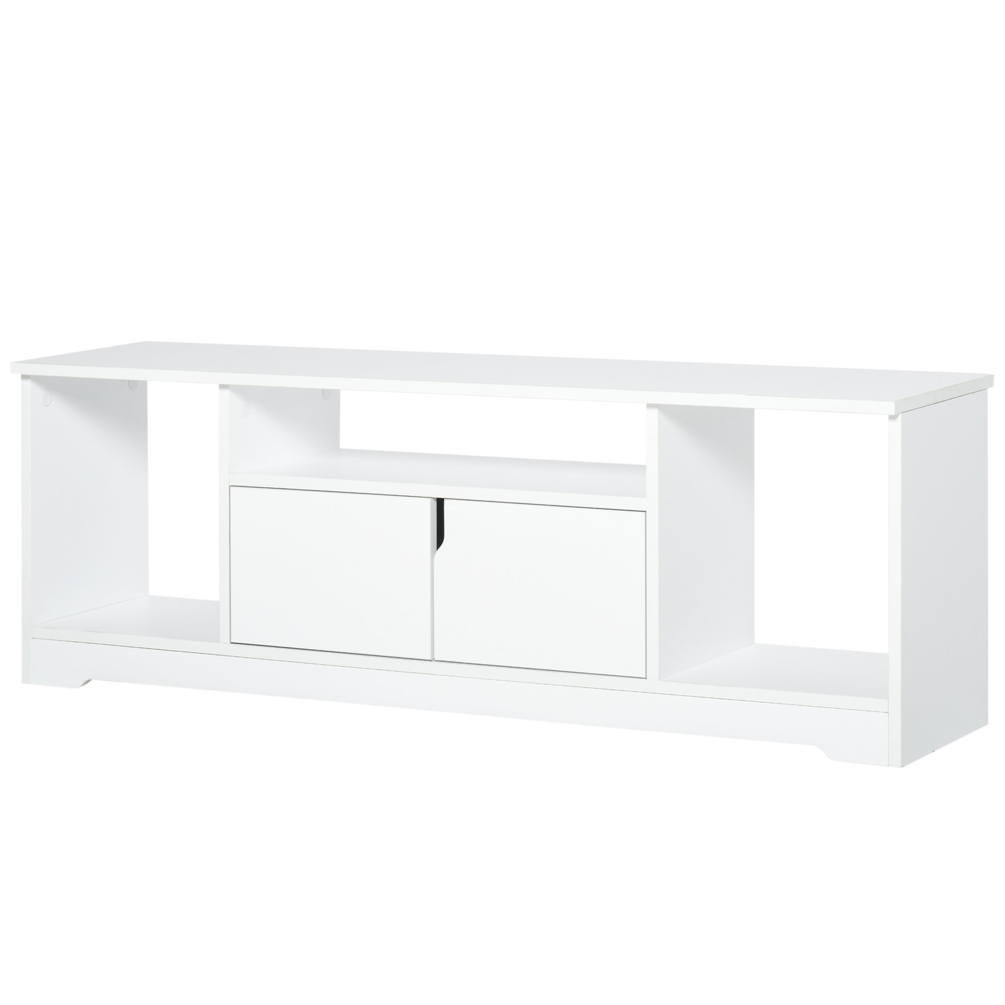 Voir la diapositive 1 : HOMCOM Meuble TV banc TV design contemporain - 3 niches, placard double porte - dim. 120L x 30l x 41H cm - panneaux particules blanc
