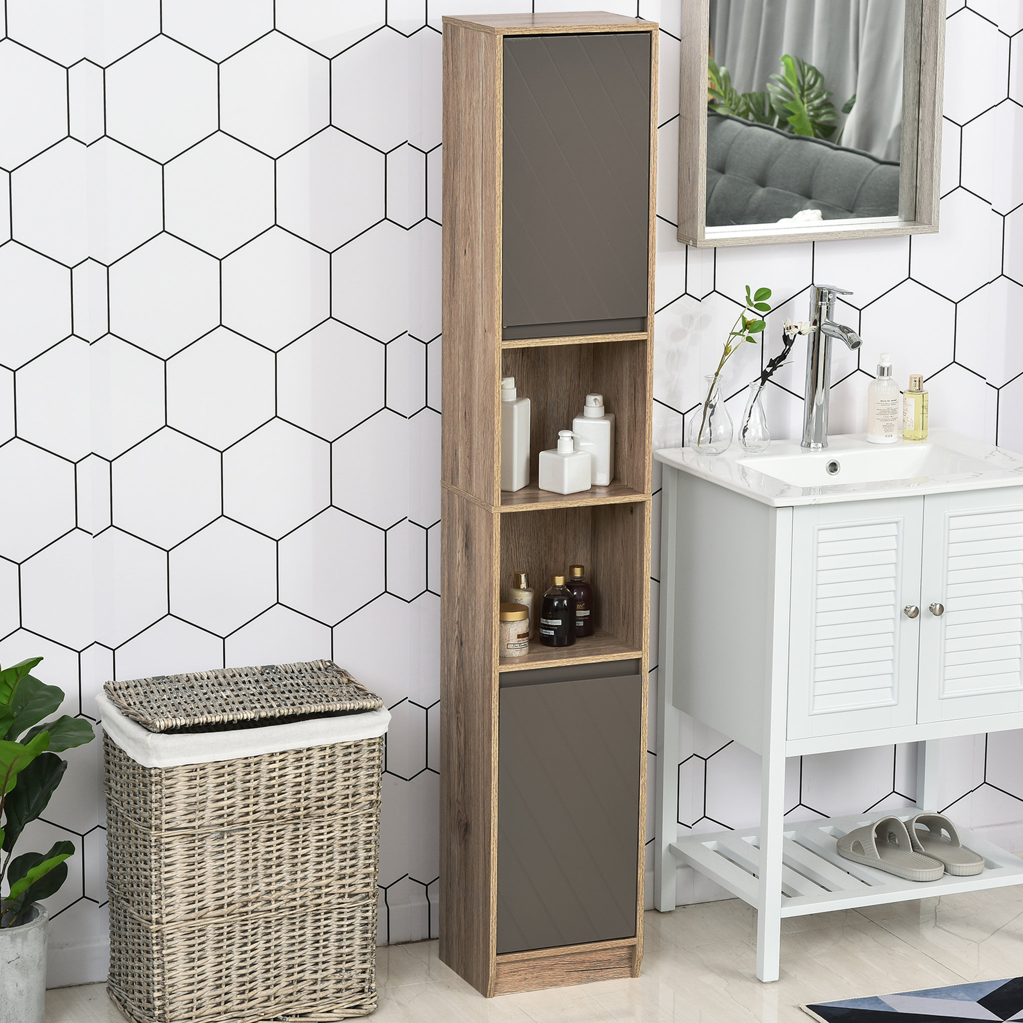 Voir la diapositive 2 : HOMCOM Meuble colonne rangement salle de bain style cosy dim. 30L x 24l x 170H cm 2 portes étagère 2 niches chêne clair gris