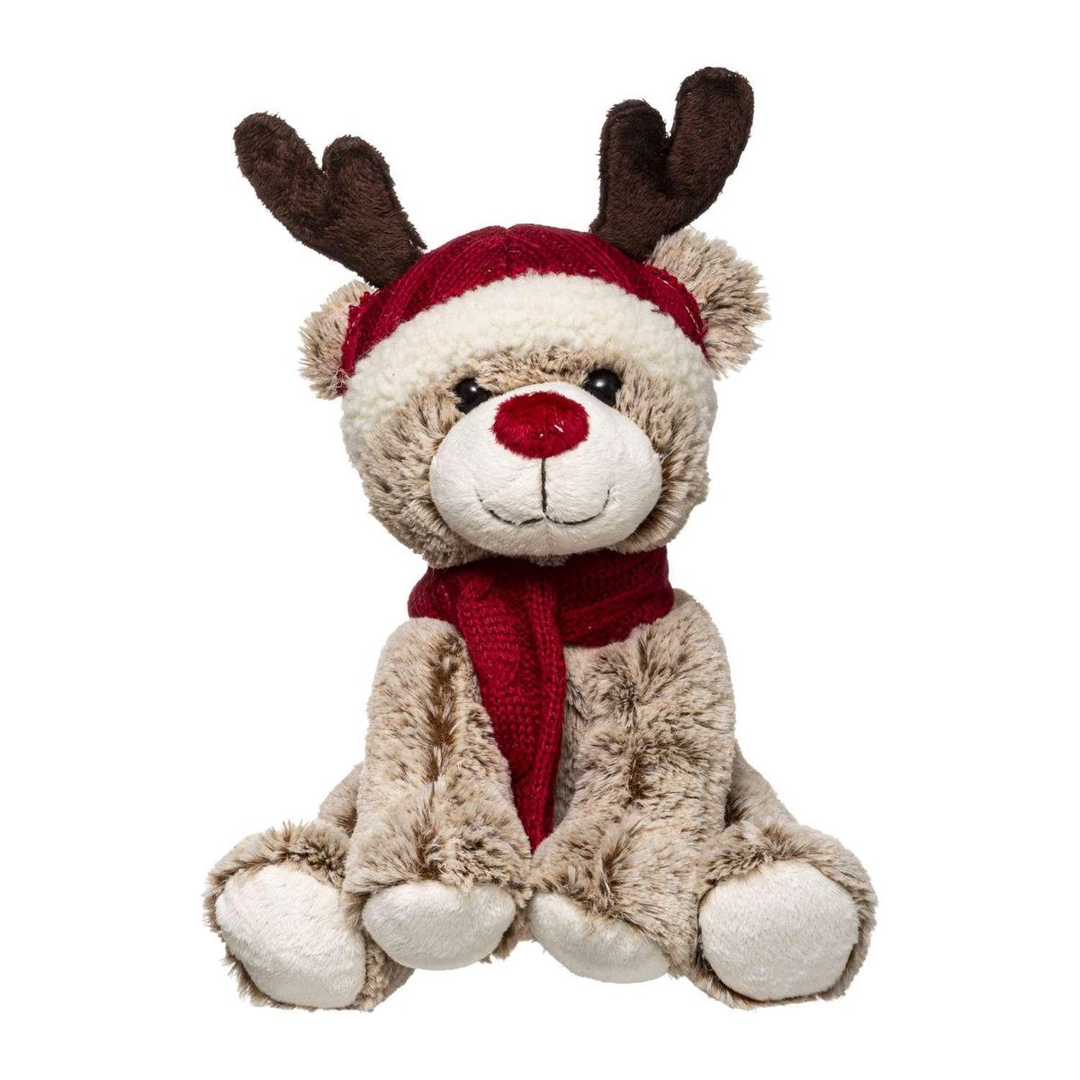 ATMOSPHERA Peluche de Noël Ours avec écharpe et bonnet renne - H. 35 cm - Marron et rouge