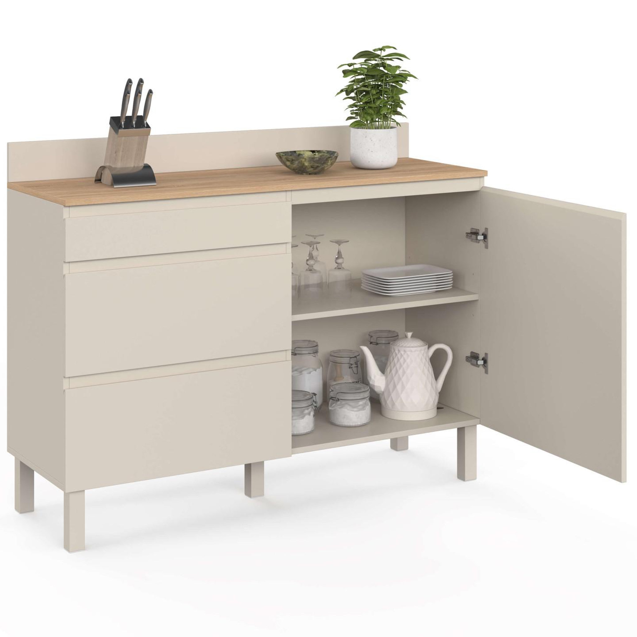 Voir la diapositive 5 : ID MARKET Buffet bas casserolier de cuisine 120 cm claude plan de travail effet bois h.83 cm 1 porte + 3 tiroirs beige