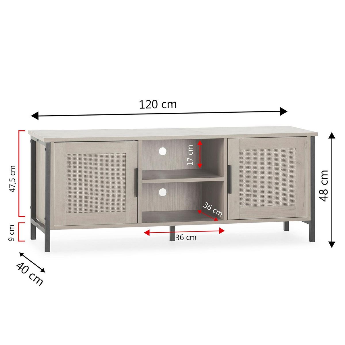 VS VENTA-STOCK Meuble tv Cruz 2 portes couleur chêne avec rotin naturel, 120 cm