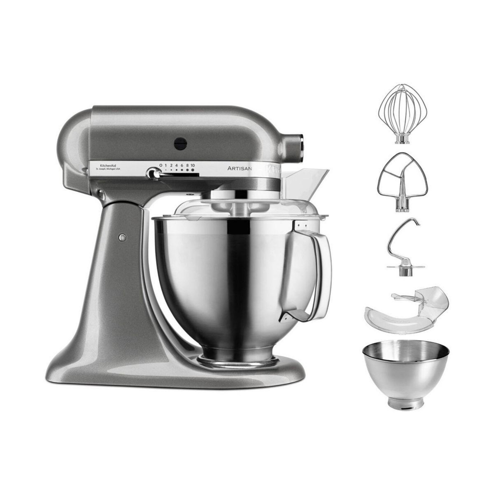 KitchenAid Robot pâtissier 5KSM185PSEMS Artisan Gris étain, 4,8 L, accessoires inox, bol 3L, couvercle antiprojections
