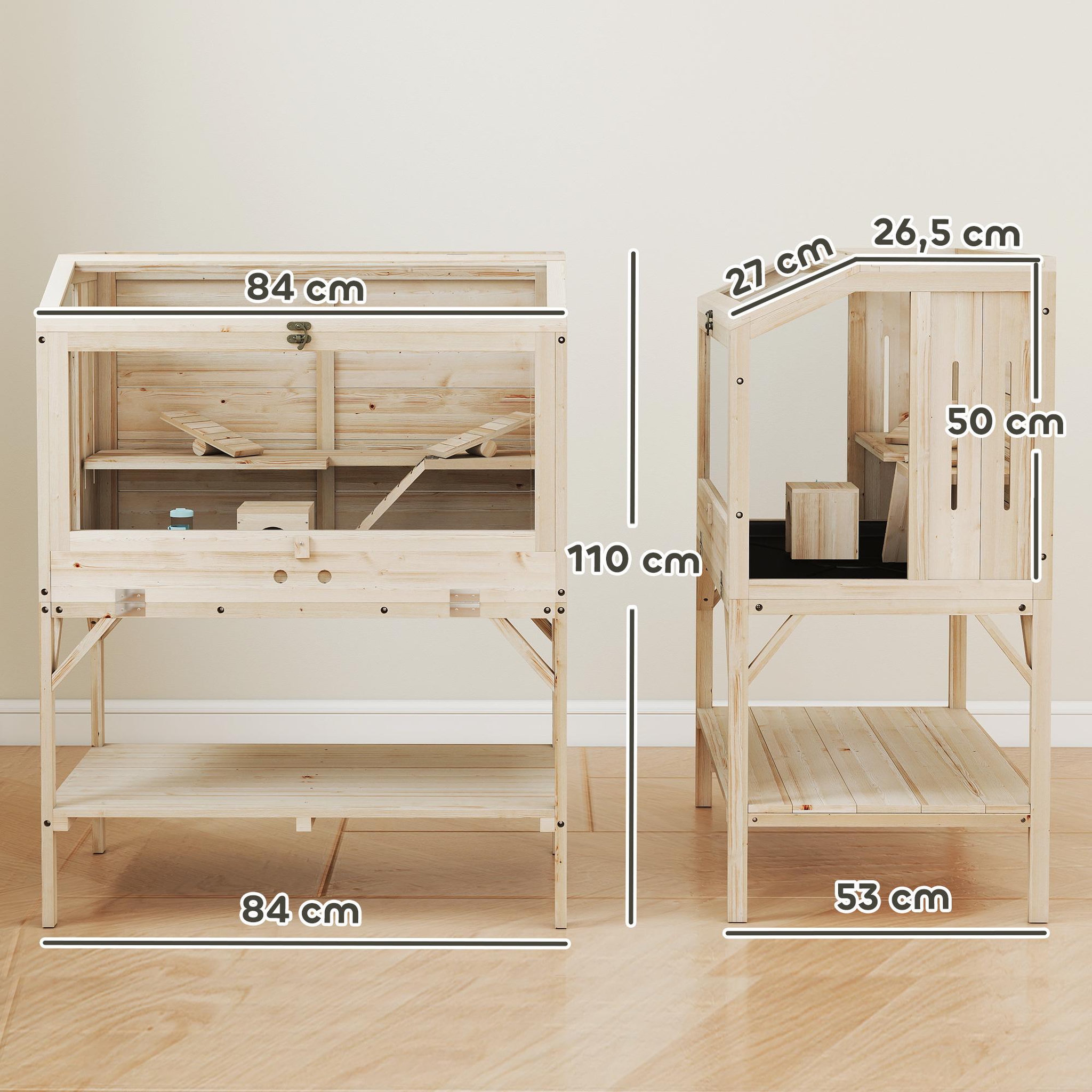 Voir la diapositive 3 : PAWHUT Cage hamster rongeur en bois - 2 niveaux - étagère - accessoires - 84 x 53 x 110 cm