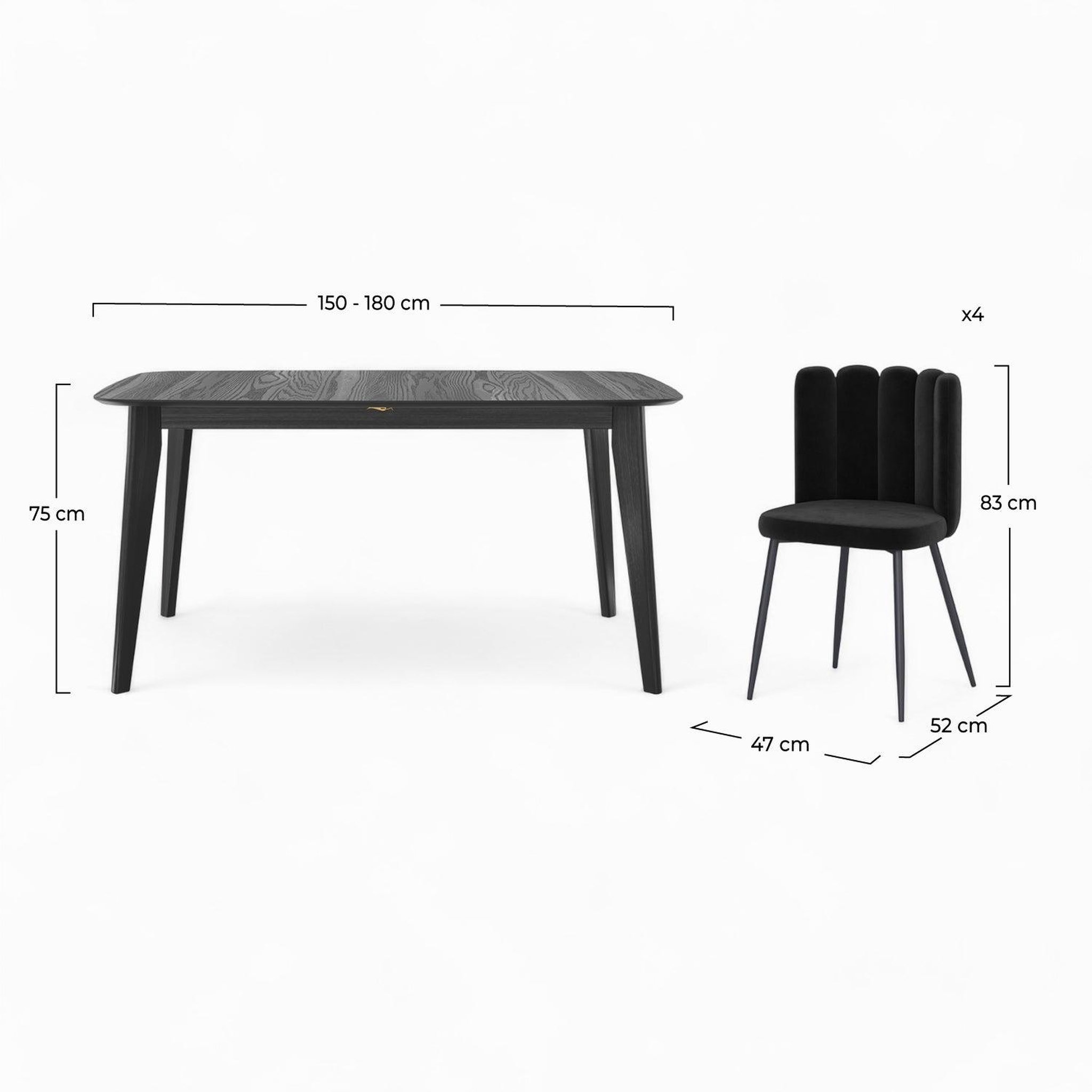 Voir la diapositive 4 : MAISON PAVANE Table et chaises 4 personnes en velours et bois noir-oman