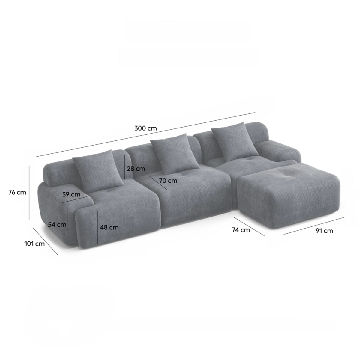 CONCEPT USINE Canapé 3 places avec pouf en velours côtelé gris anthracite SHEFFIELD