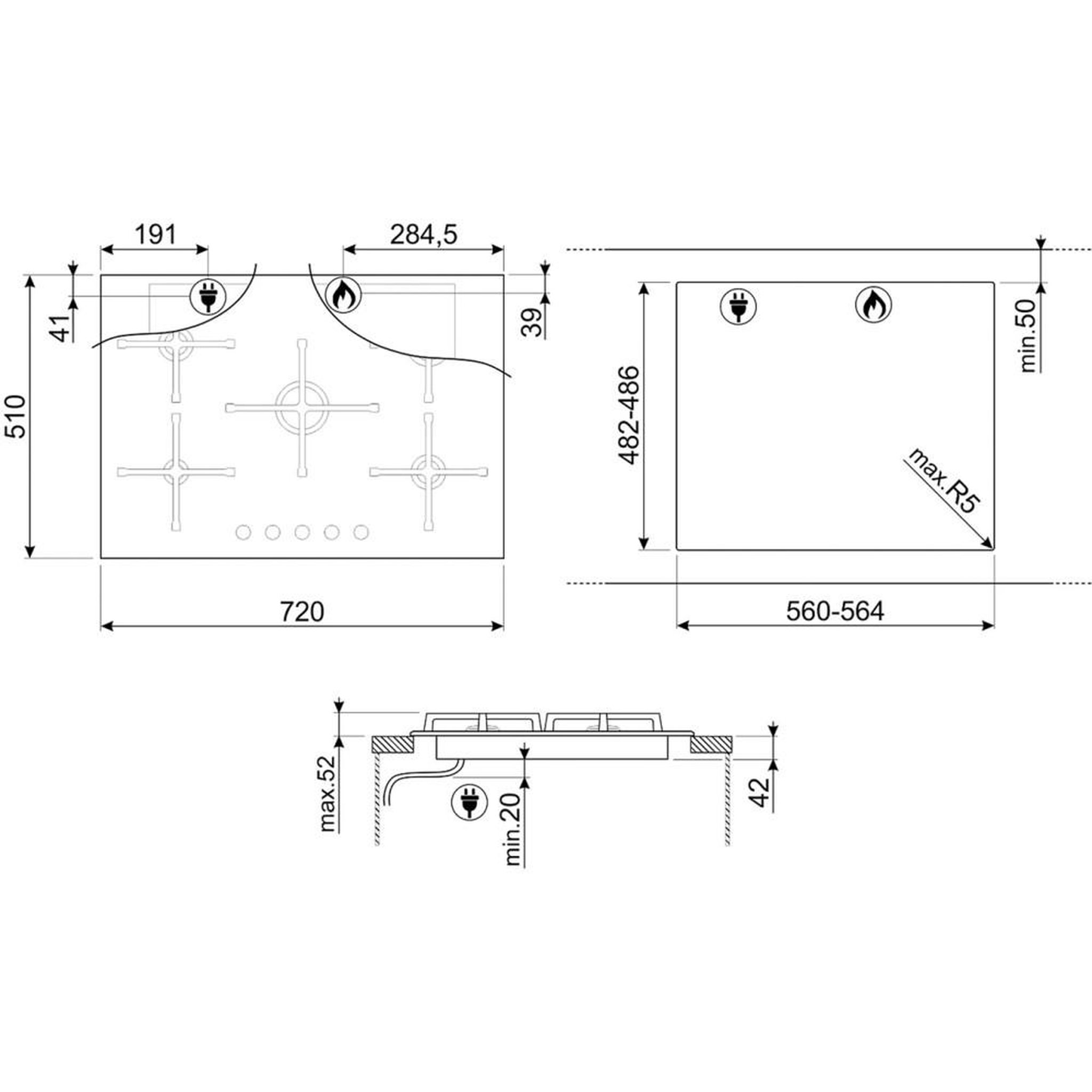 Voir la diapositive 4 : SMEG Table de cuisson gaz 5 brûleurs encastrable verre noir grilles fonte allumage électrique sécurité thermocouple
