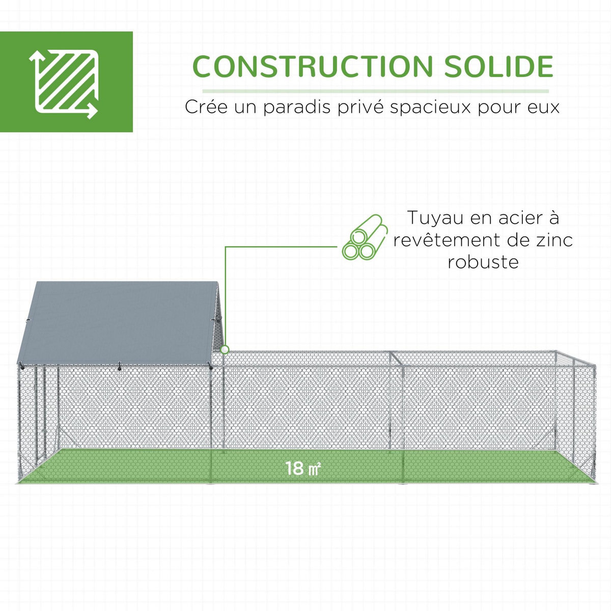 PAWHUT Enclos poulailler chenil 18 m² - parc grillagé dim 6L x 3l x 1,95H m - espace couvert - acier galvanisé