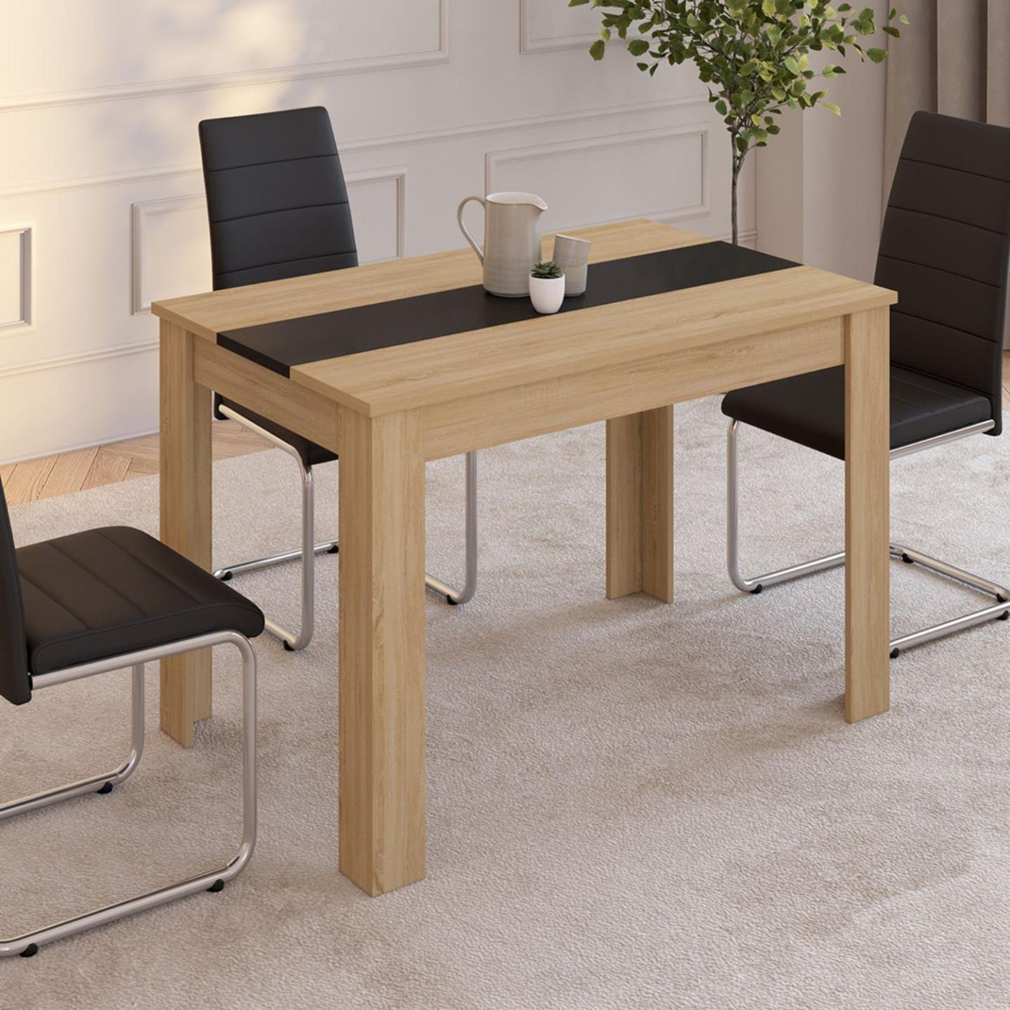 Voir la diapositive 2 : ID MARKET Table à manger rectangle rozy 4 personnes façon hêtre et noire 110 cm