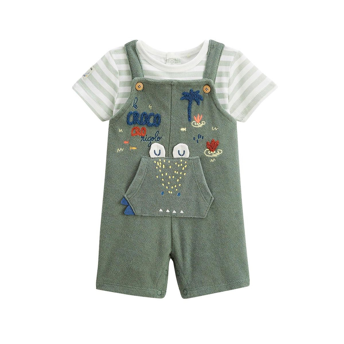 Petit Béguin Ensemble salopette bébé en éponge et t-shirt Crocro rigolo