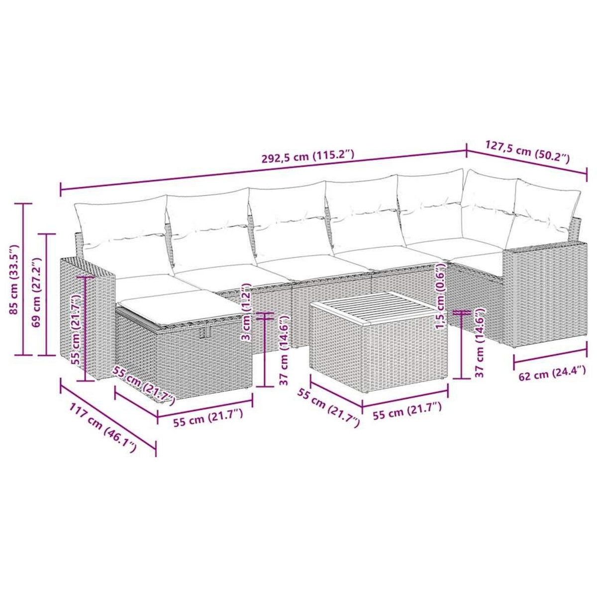 VIDAXL Salon de jardin avec coussins 8 pcs beige resine tressee