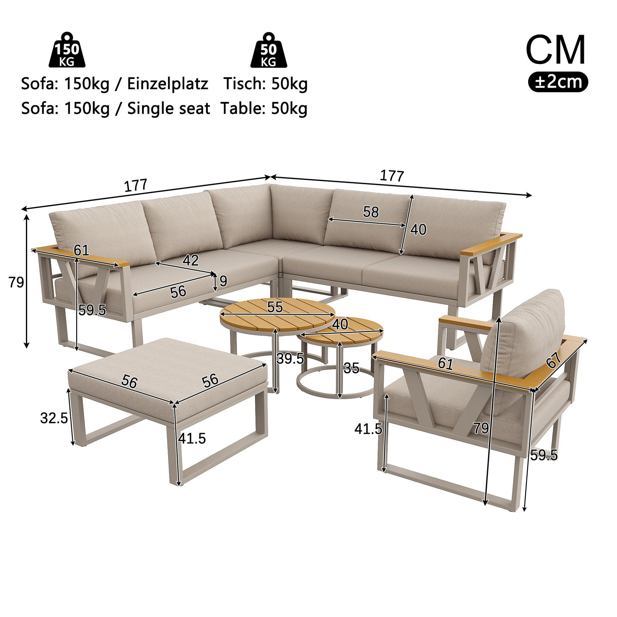 Voir la diapositive 3 : MERAX Salon de jardin 6 places en métal avec canapé d'angle, 2 tables basses en bois, fauteuils et coussins