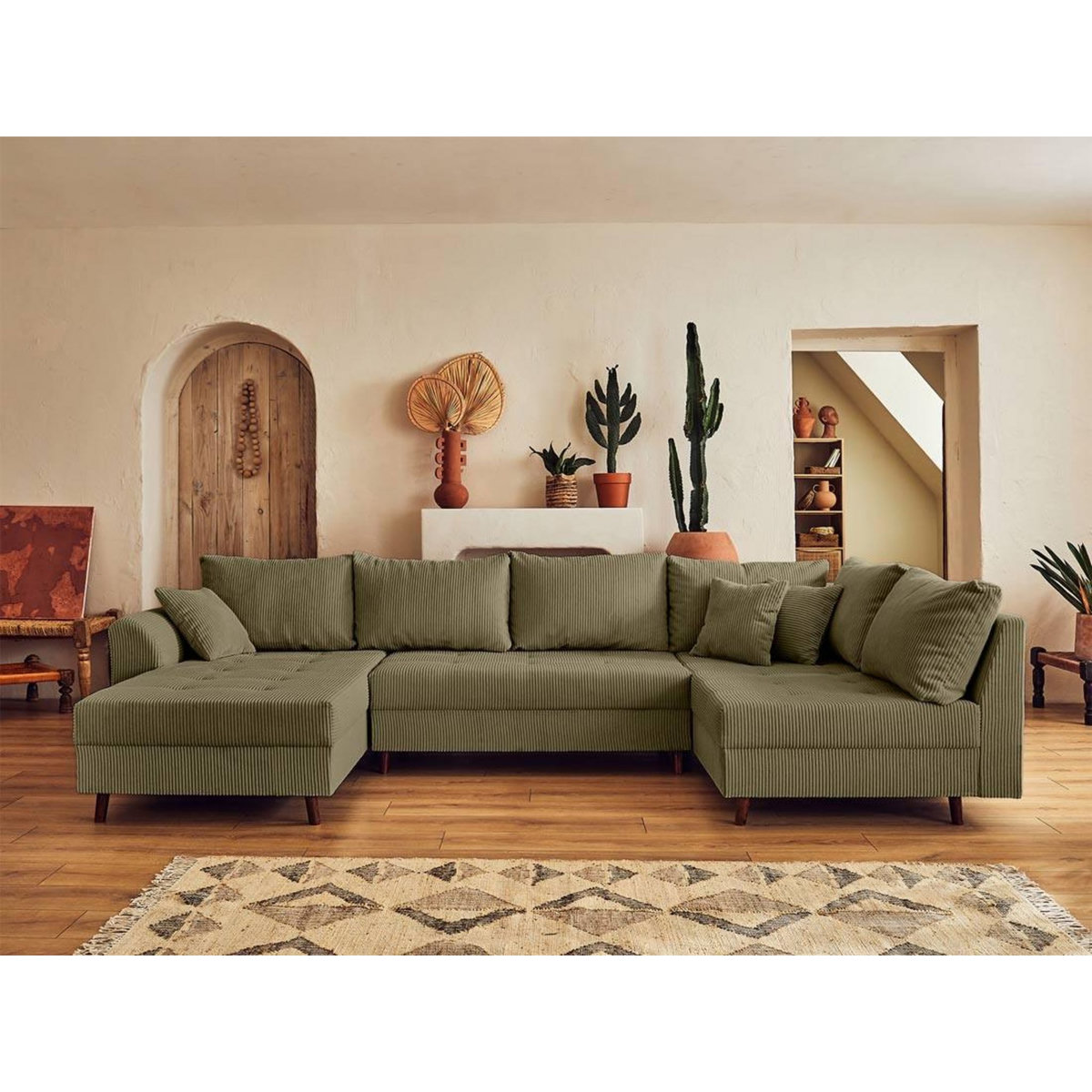 LISA DESIGN Rune - canapé panoramique d'angle droit - 7 places - avec pouf d'appoint - en velours côtelé