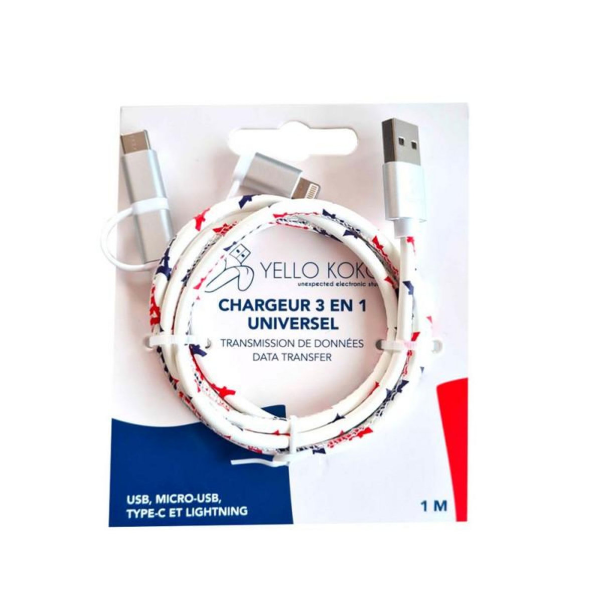 YELLO KOKO Câble Yello koko 3 en 1 Kami USB A USB C Micro USB et Lightning 1 m Blanc Bleu et Rouge