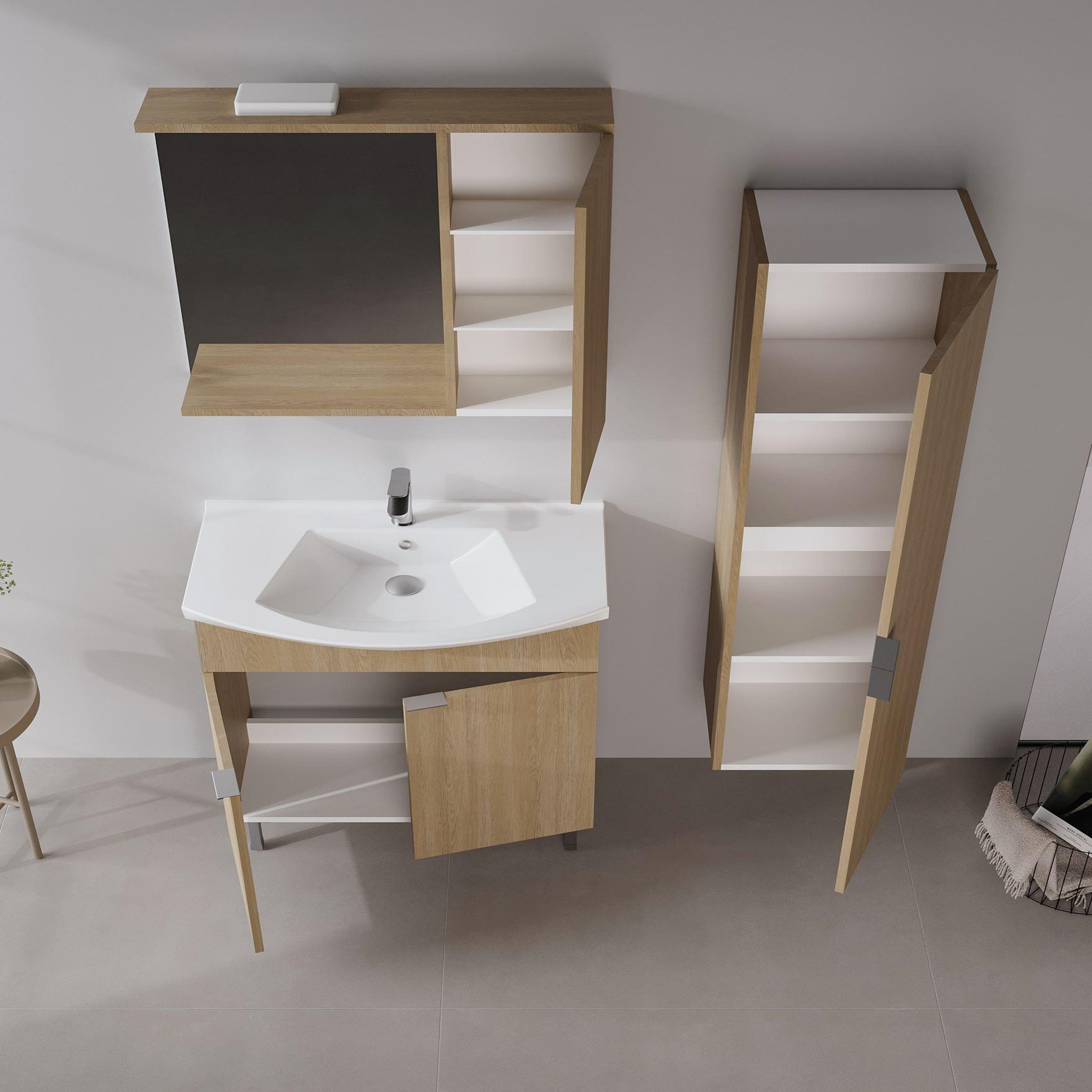 Voir la diapositive 3 : Habitat et Jardin Meuble avec simple vasque et miroir  Purus 80  - 80 x 50 x 83 cm - Oak