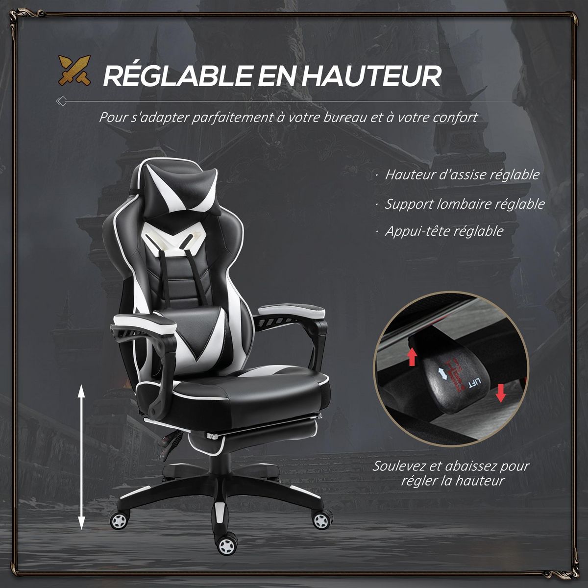 VINSETTO Vinsetto Fauteuil de bureau gamer style baquet racing - pivotant, inclinable - coussin lombaire, tétière, repose-pieds inclus - revêtement synthétique blanc noir