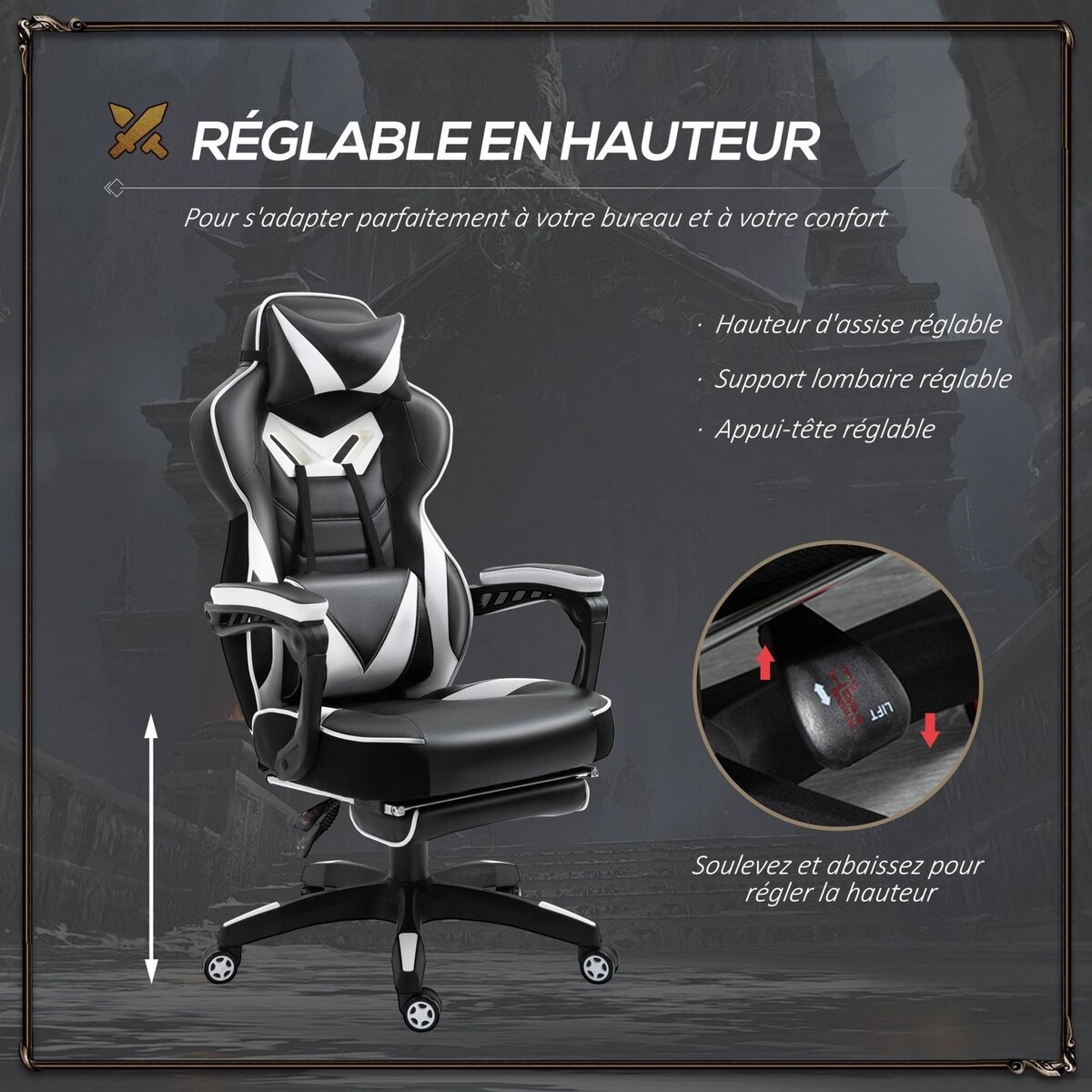 VINSETTO Vinsetto Fauteuil de bureau gamer style baquet racing - pivotant, inclinable - coussin lombaire, tétière, repose-pieds inclus - revêtement synthétique blanc noir
