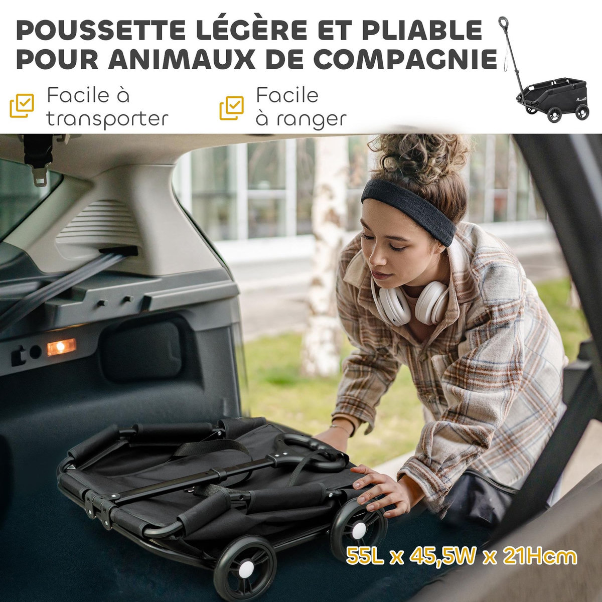 PAWHUT Poussette chien chariot 4 roues pliable avec poignée multidirectionnelle - nombreux équipements - noir
