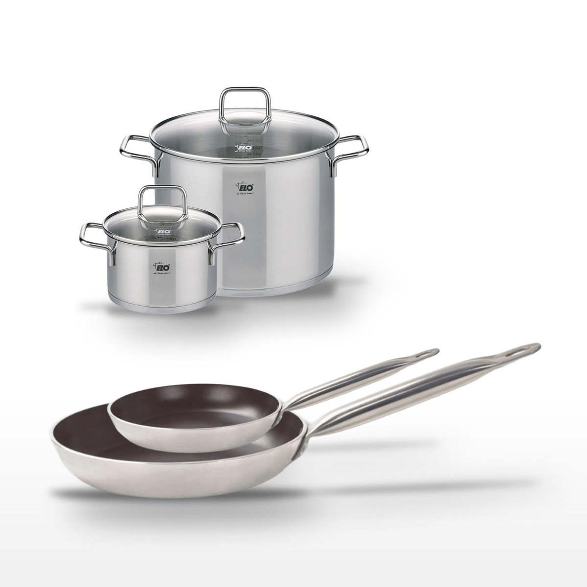 ELO Lot Poêles 24/32 cm avec revêtement céramique sans PFAS & Faitouts 20/26 cm Elo Bistro Line Citrin