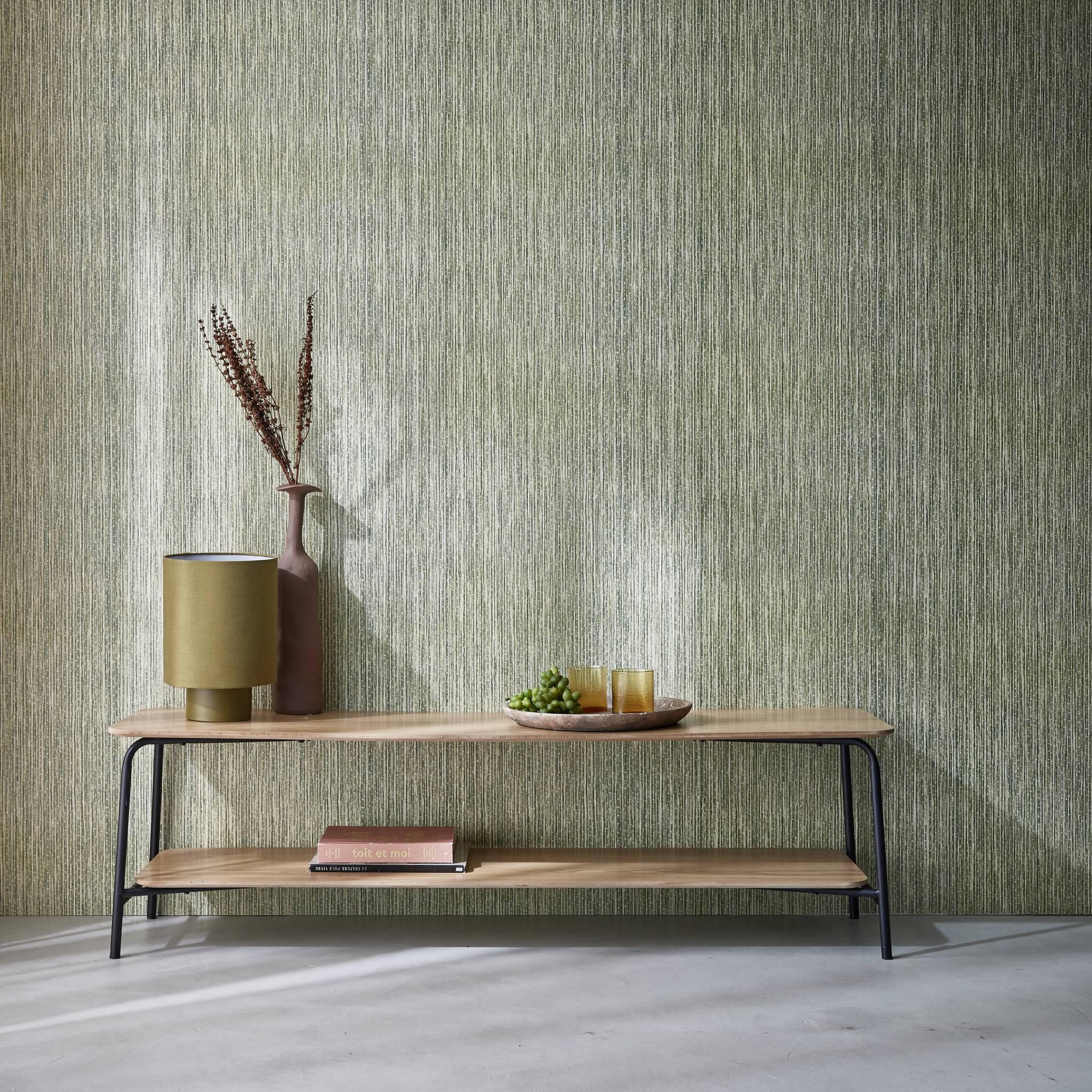 Voir la diapositive 3 : SWEEEK Meuble TV en décor bois et structure acier 150cm 2 étagères