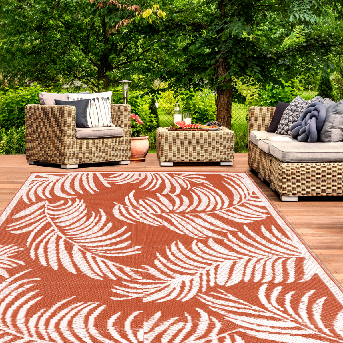 ID MARKET Tapis extérieur COCO tropical terracotta et blanc 270 x 470 CM