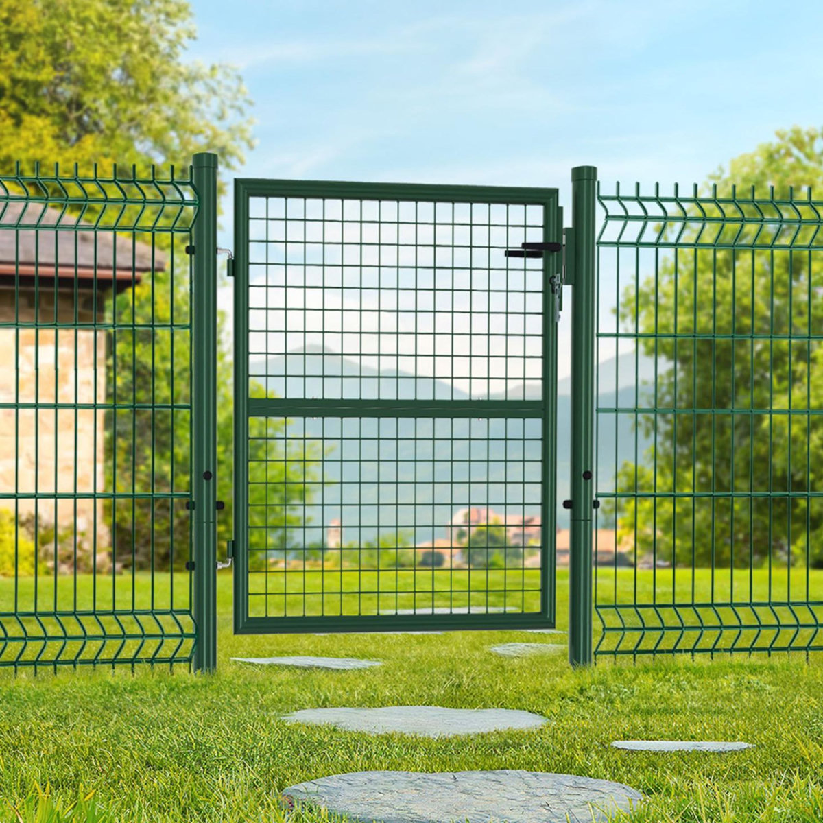 ID MARKET Portillon de jardin 105 x 100 cm en acier avec serrure et poignée vert