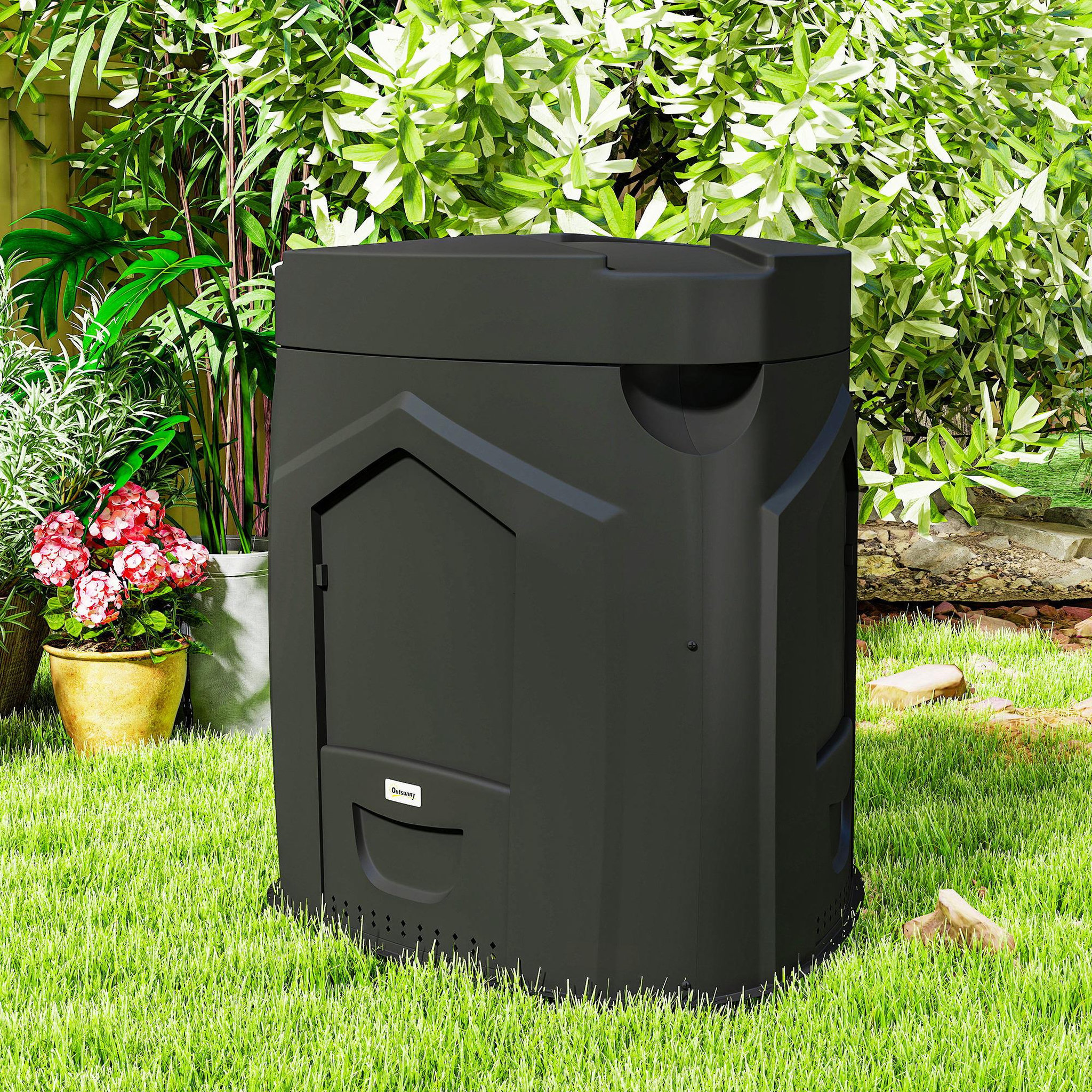 Voir la diapositive 2 : OUTSUNNY Composteur de jardin triangulaire 3 Portes, 66 Aérations - fond ouvert - polypropylène - 240L - noir