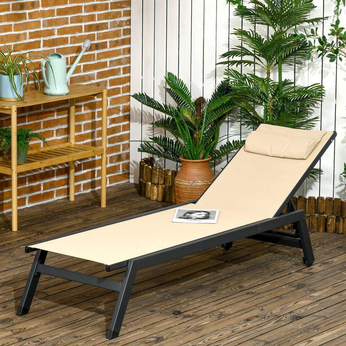 OUTSUNNY Bain de soleil transat inclinable 5 positions - tétière, 2 roulettes - alu. textilène kaki