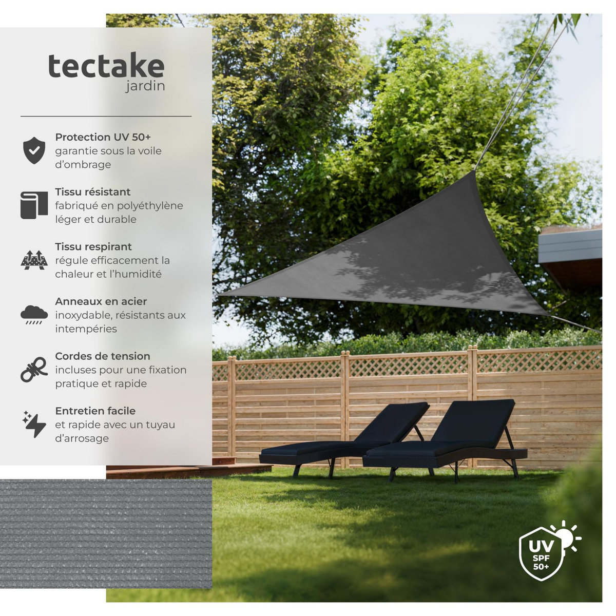 tectake Voile d'ombrage triangulaire triangulaire avec une protection UV 50+ gris 3,6 x 3,6 x 3,6 m