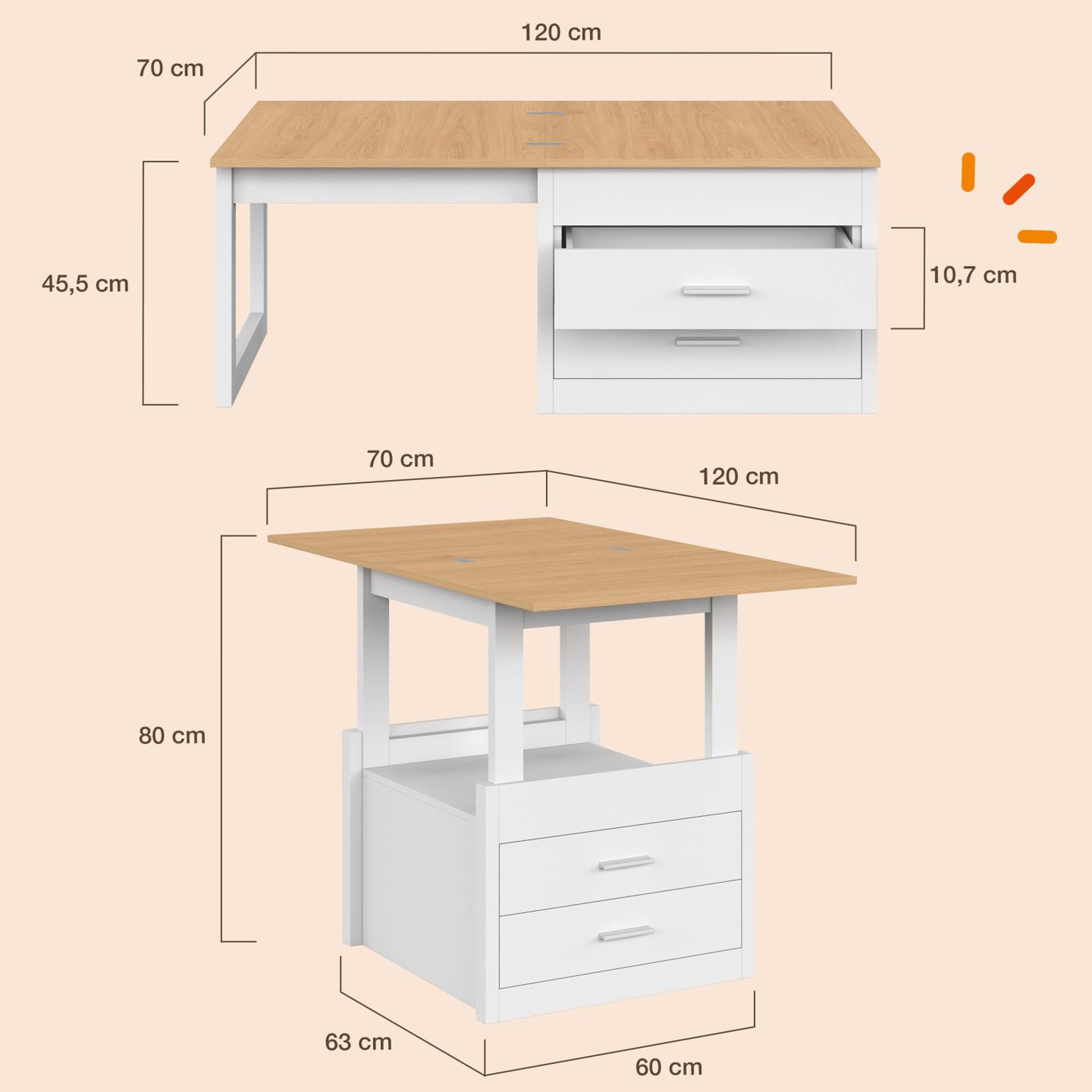 Voir la diapositive 4 : ID MARKET Table basse extensible et relevable en table à manger AMAYA 120 cm 2 modules avec 2 tiroirs blanc et bois