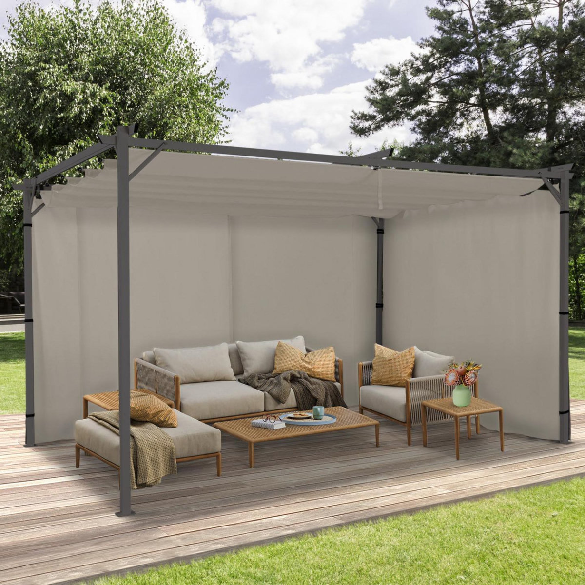 ID MARKET Lot de 2 rideaux pour pergola taupe 3 et 4 M panneaux muraux avec fermeture éclair
