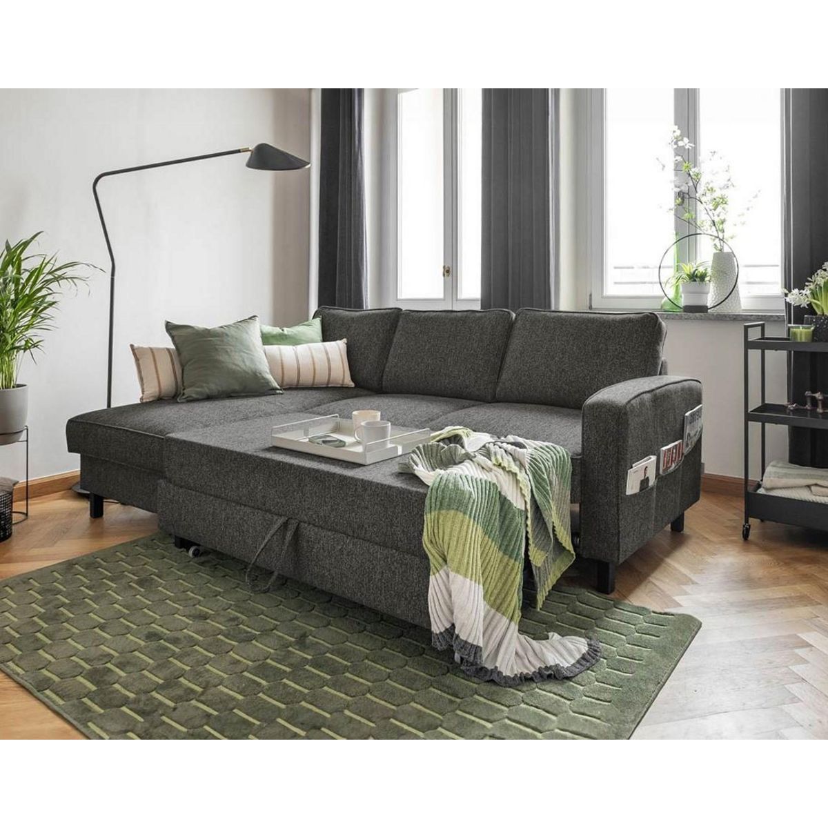 BEST MOBILIER Molly - canapé d'angle gauche 4 places convertible avec coffre en tissu