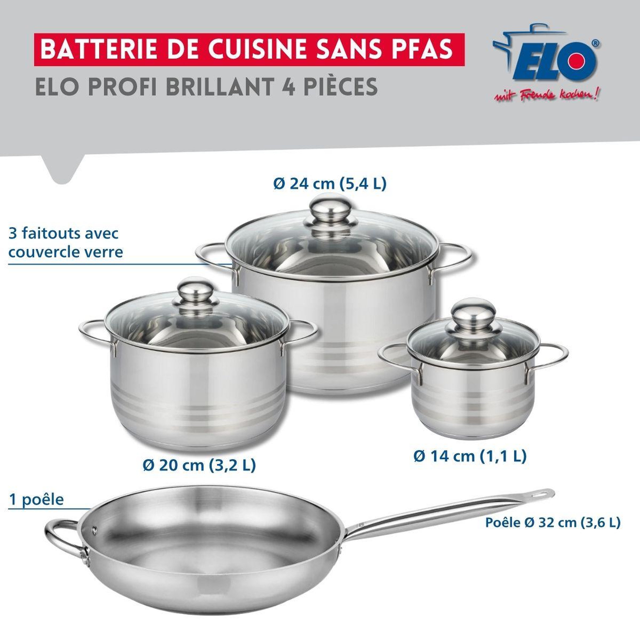 Voir la diapositive 2 : ELO Ensemble de 1 poêle de cuisson 32 cm et 3 faitouts 14, 20 et 24 cm elo profi brillant