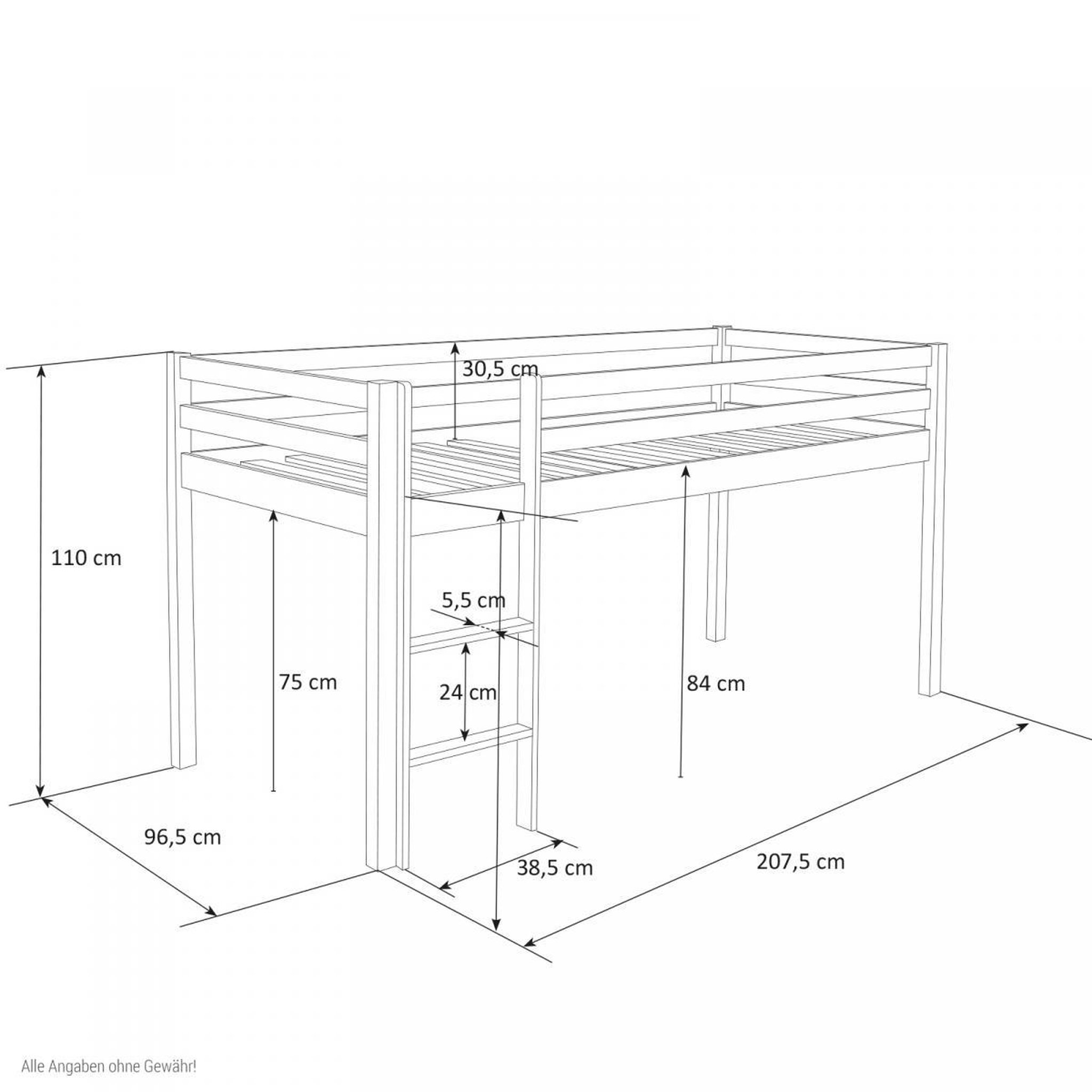 Voir la diapositive 4 : HomeStyle4U Lit mi- haut Blanc 90x200 en hauteur avec echelle et rideau Pirate