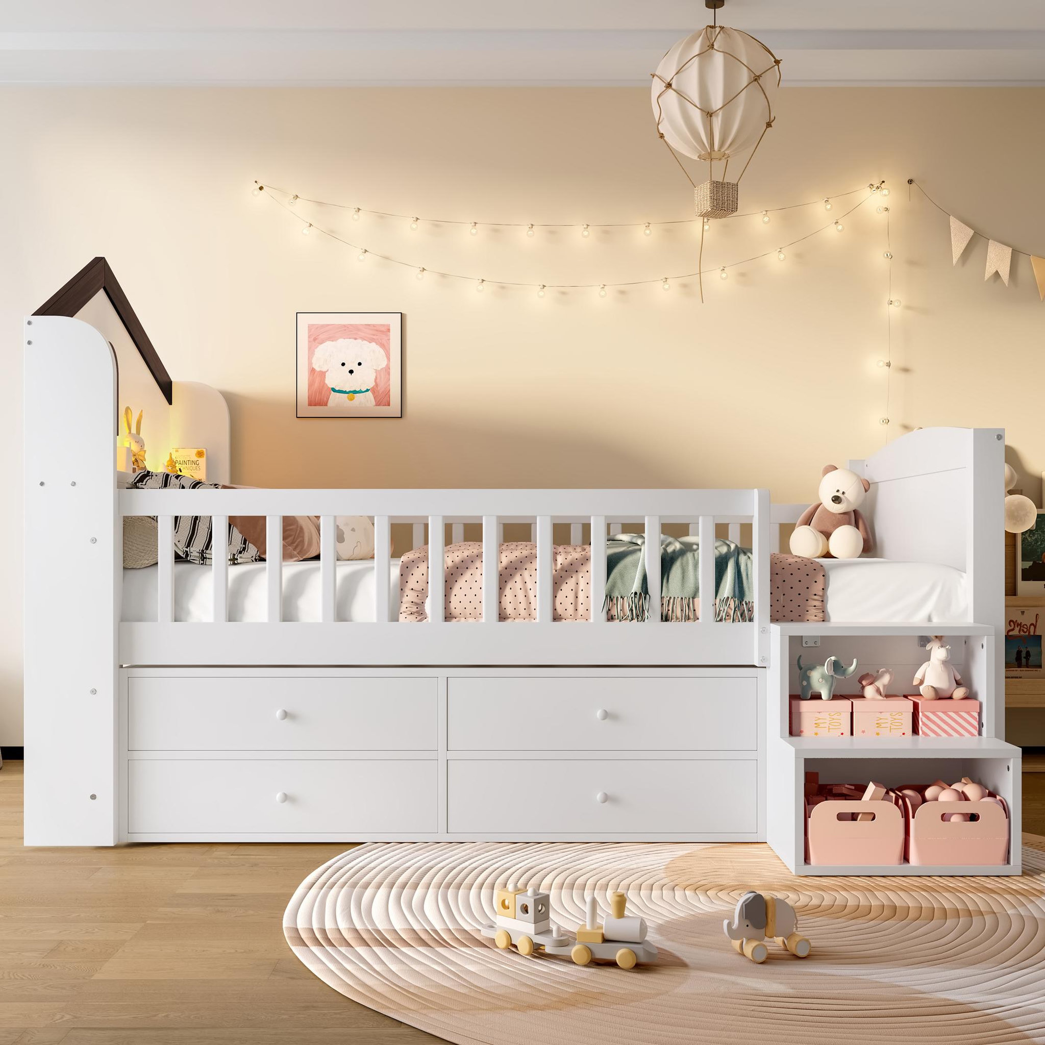 Voir la diapositive 2 : MERAX Lit enfant mi hauteur 90x200cm coloris blanc led pin