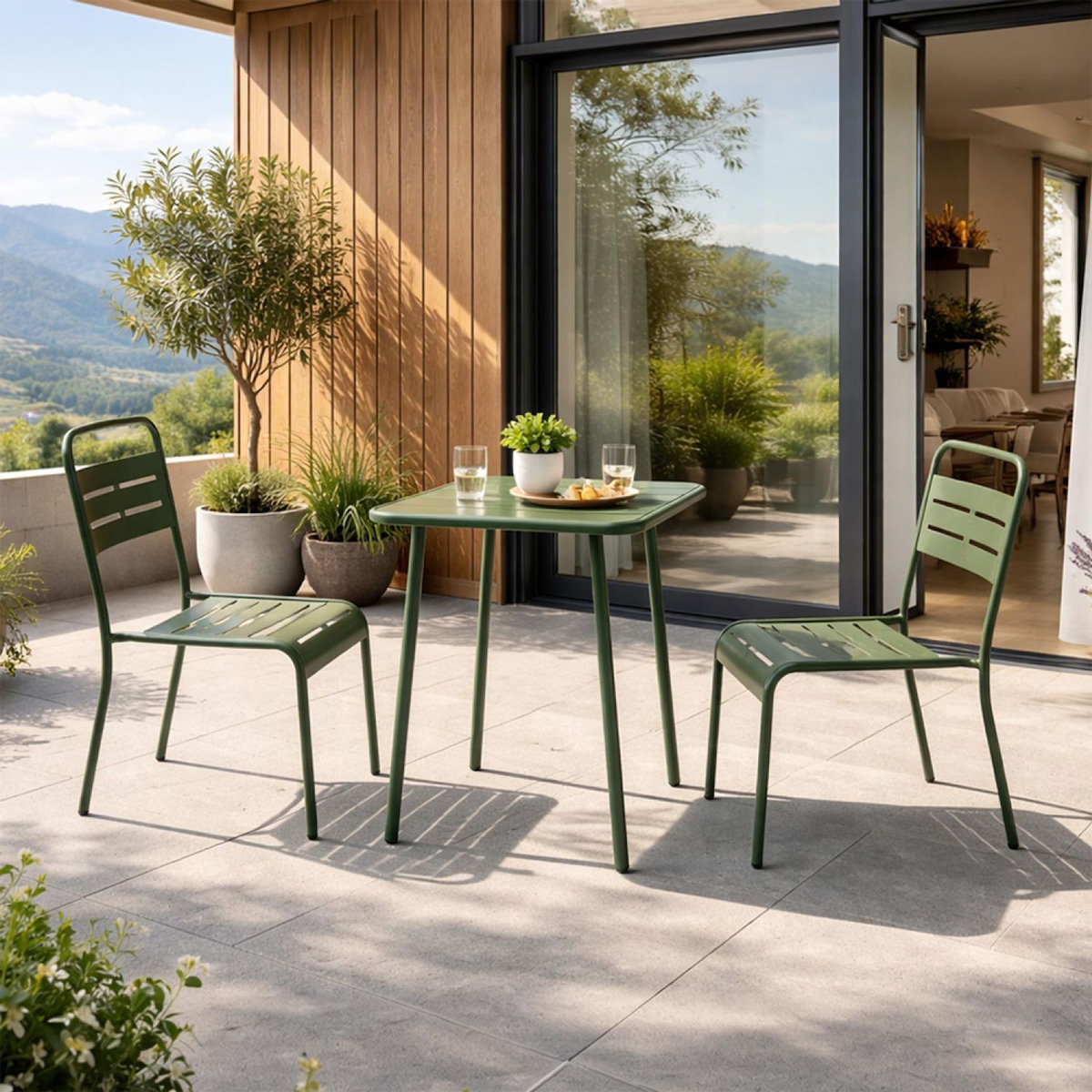 CONCEPT USINE Ensemble table de jardin carrée 50cm et 2 chaises vert BERGAME