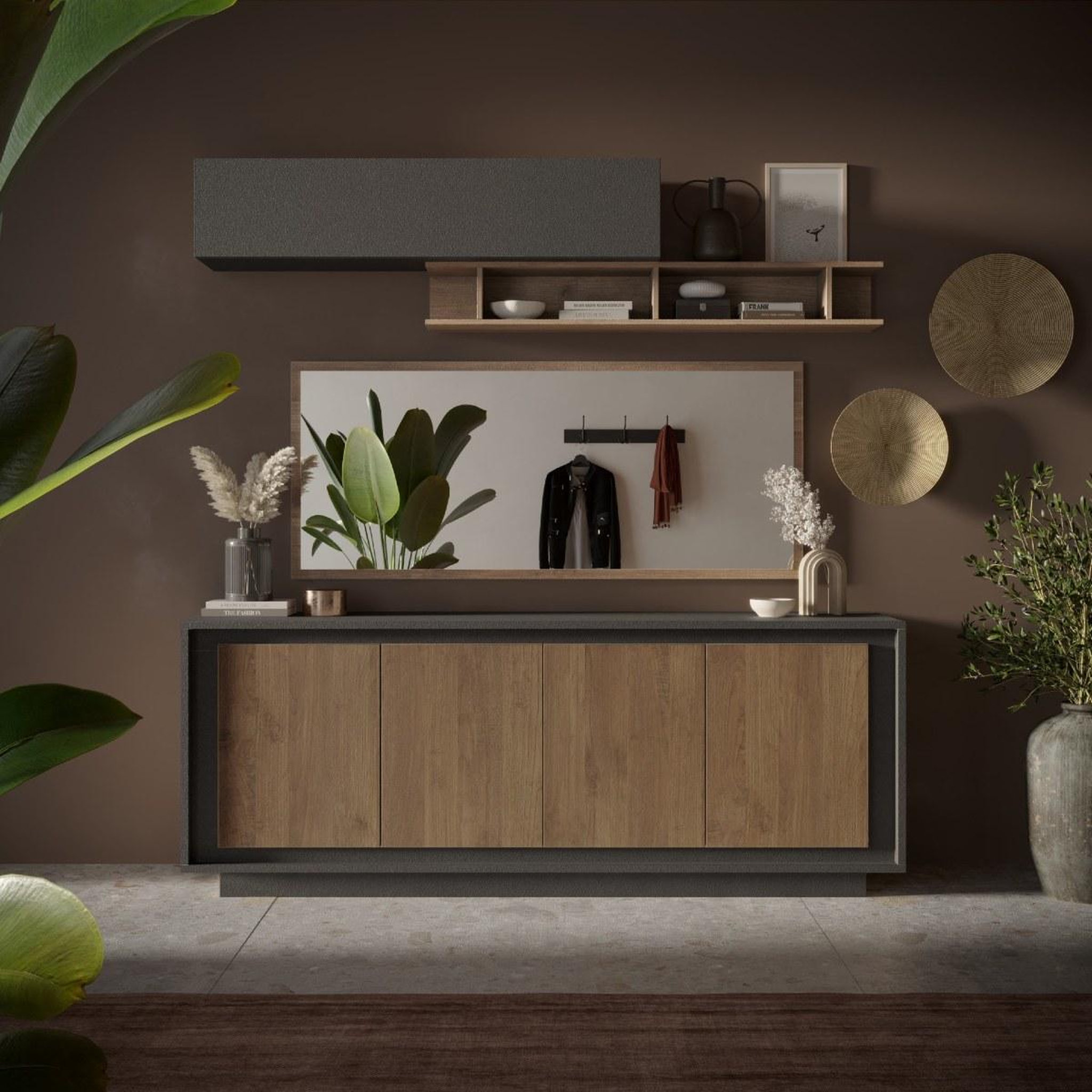 Voir la diapositive 2 : JLC KREATION Buffet bas contemporain 4 portes gris lave et noyer YORI