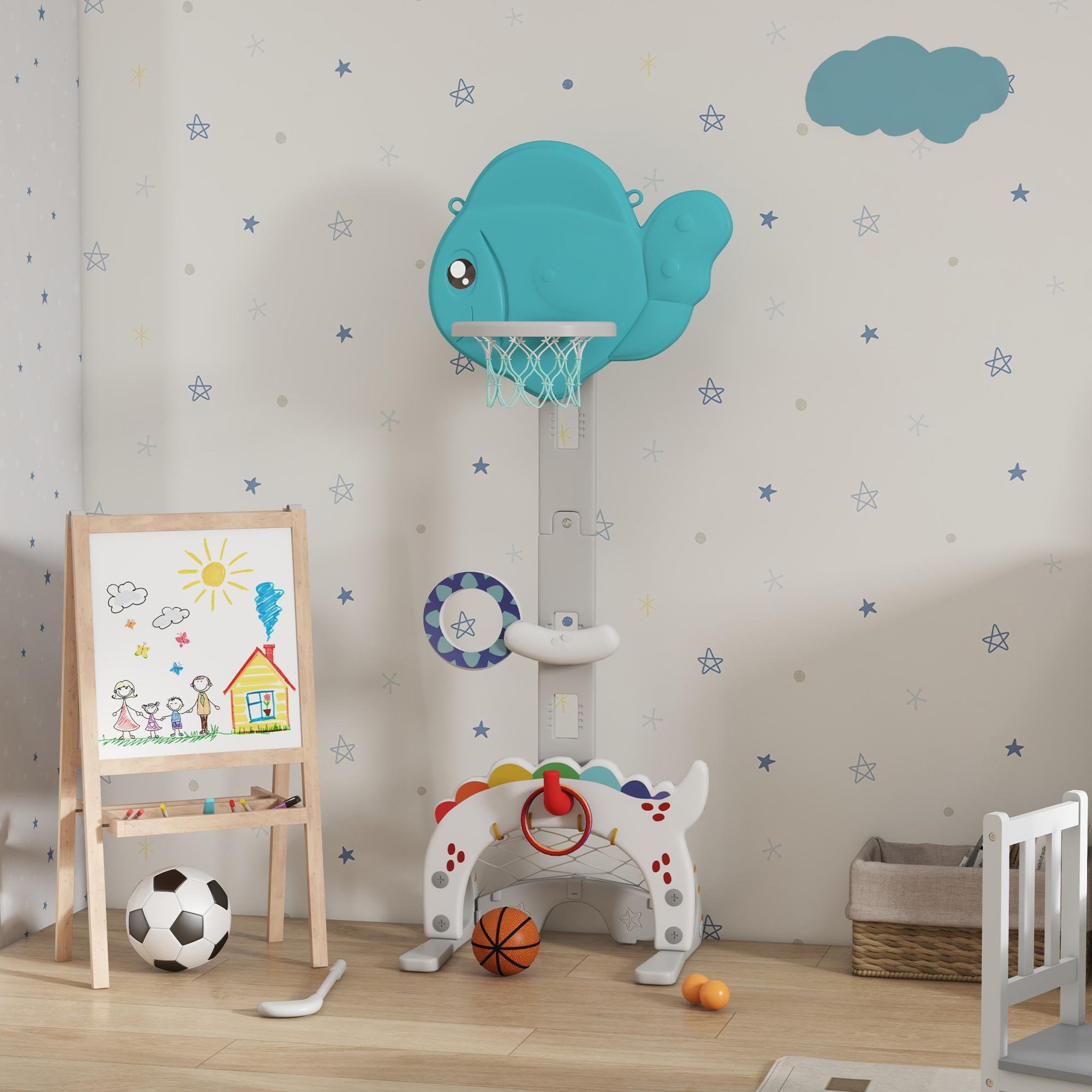Voir la diapositive 2 : HOMCOM Panier de basketball enfant but de foot jeu de golf lancer d'anneaux et balle 5 en 1 hdpe bleu blanc gris