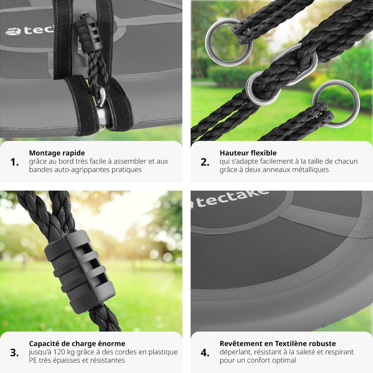 tectake Balançoire nid d'oiseau supporte jusqu'à 120 kg gris/noir Ø 100 cm